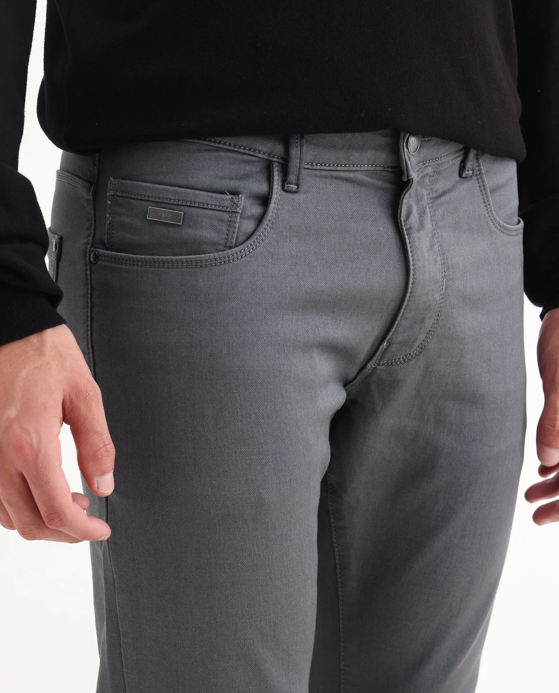 Rare Rabbit Men's Corvo Dark Grey Cotton Blend Plain Hawk Slim Fit Jeans