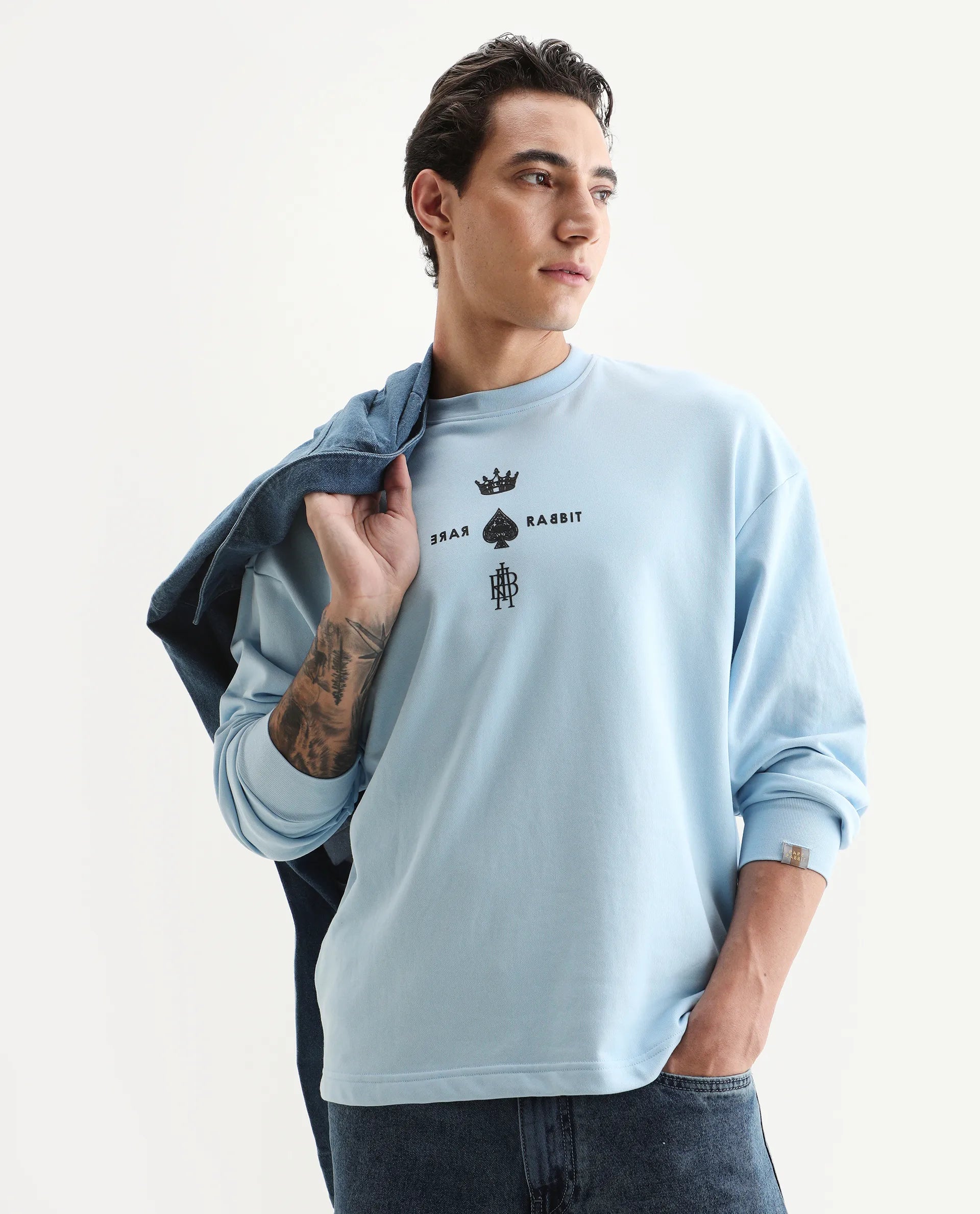 Rare Rabbit Men's Remor Light Blue Cotton Graphic Print Regular Fit Full Sleeve Crew Neck Sweatshirt