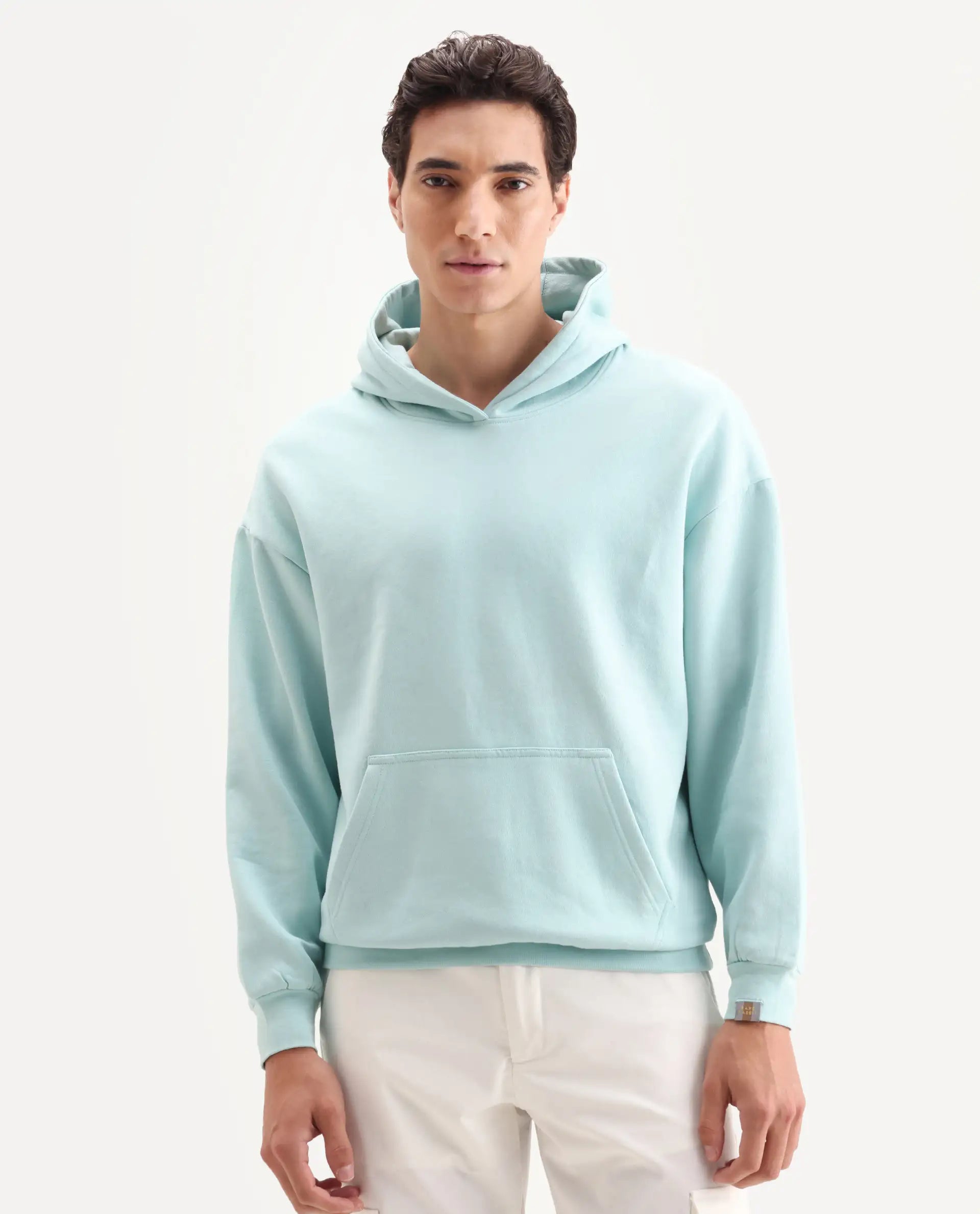 Rare Rabbit Men's Laurl Light Turq Cotton Blend Typography Print Boxy Fit Full Sleeve Hooded Sweatshirt
