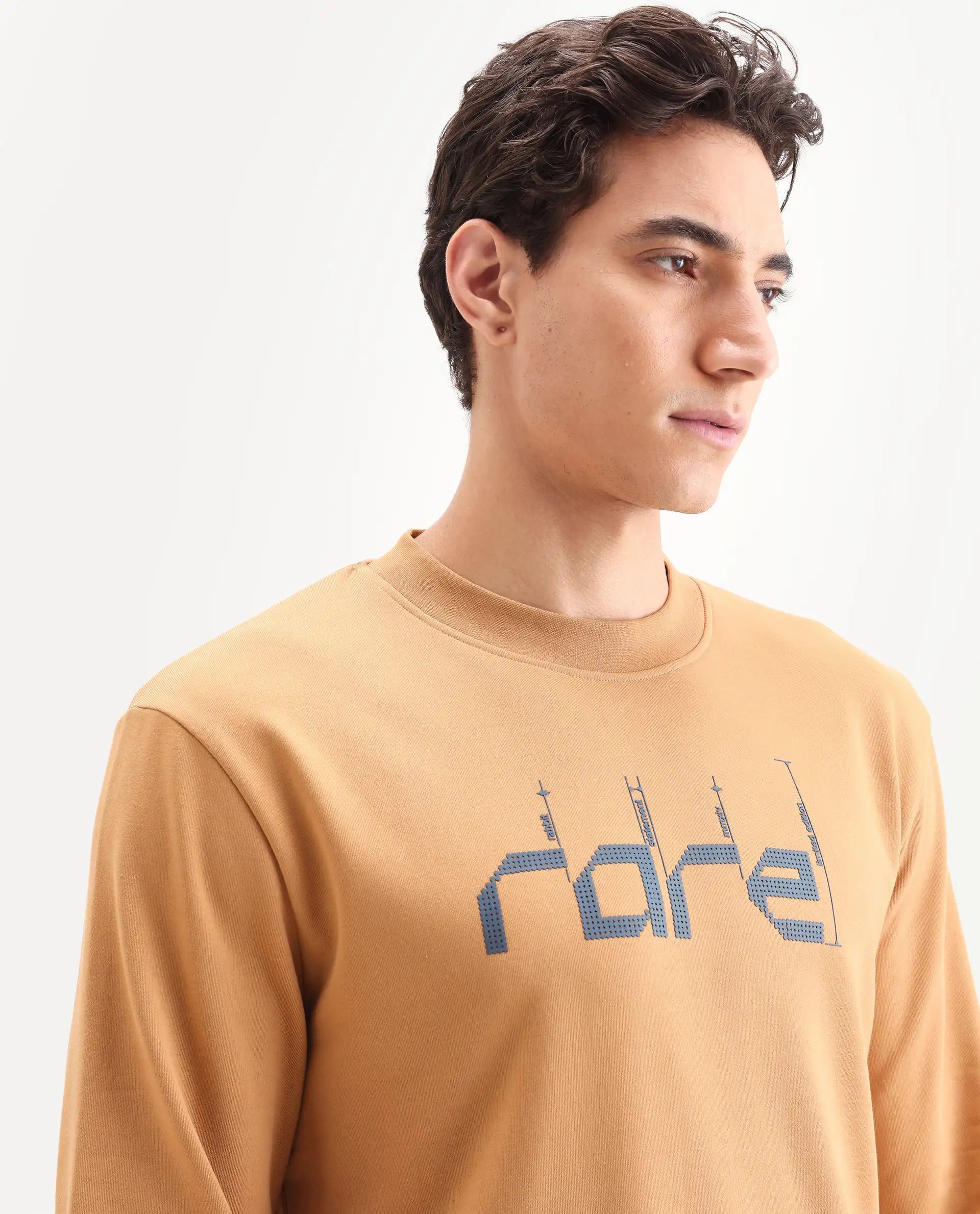 Rare Rabbit Men's Emry Mustard Cotton Blend Graphic Print Regular Fit Full Sleeve Crew Neck Sweatshirt