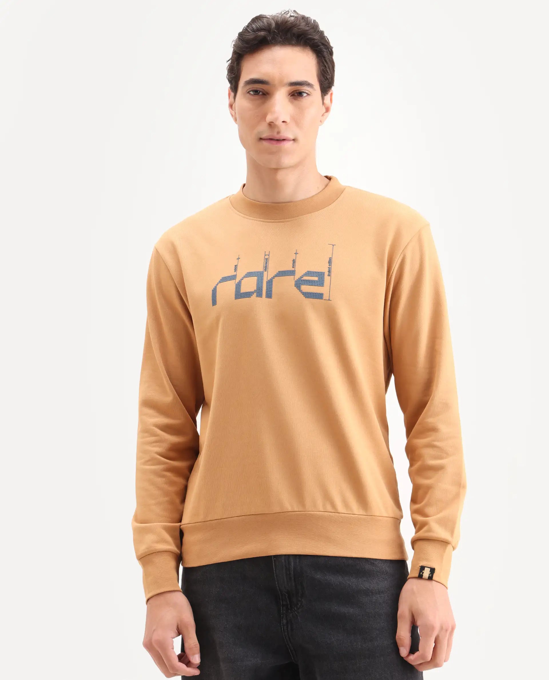 Rare Rabbit Men's Emry Mustard Cotton Blend Graphic Print Regular Fit Full Sleeve Crew Neck Sweatshirt