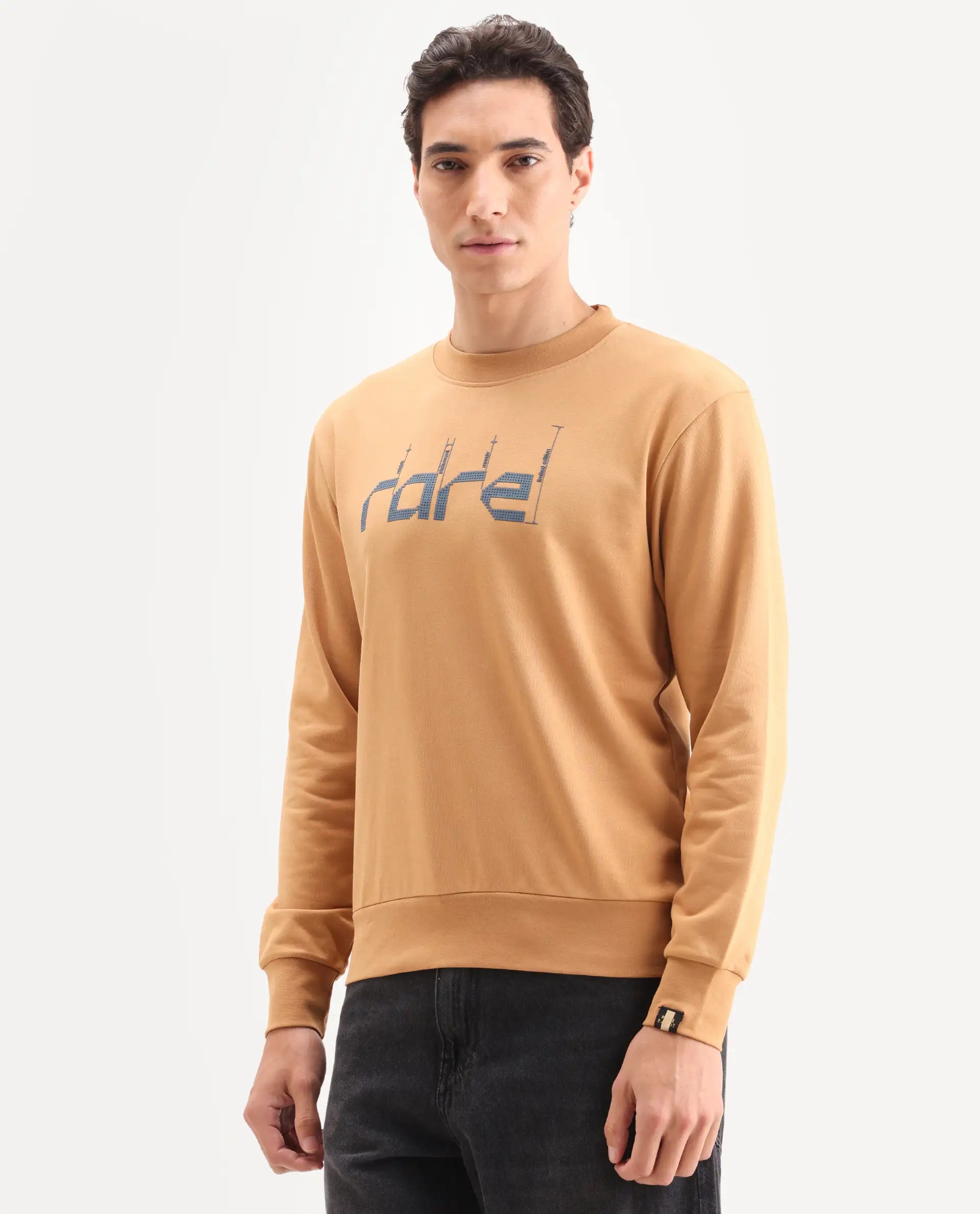 Rare Rabbit Men's Emry Mustard Cotton Blend Graphic Print Regular Fit Full Sleeve Crew Neck Sweatshirt