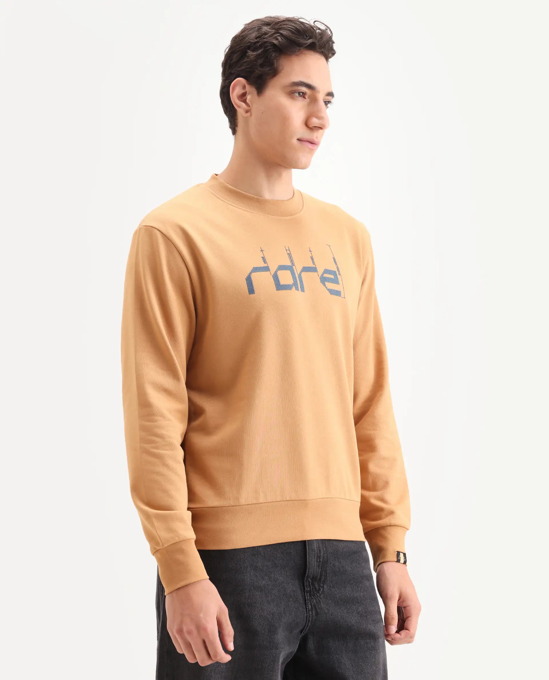 Rare Rabbit Men's Emry Mustard Cotton Blend Graphic Print Regular Fit Full Sleeve Crew Neck Sweatshirt