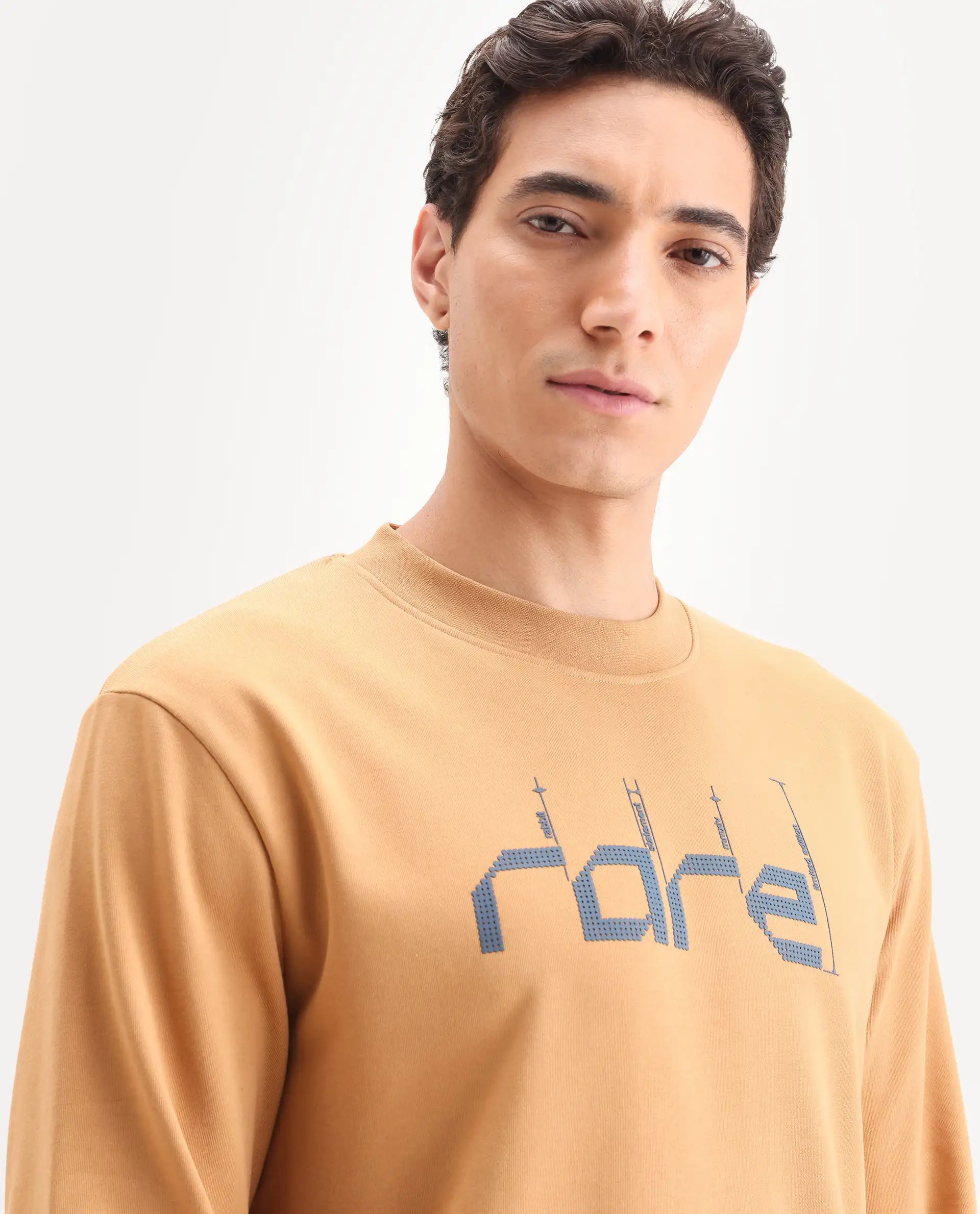 Rare Rabbit Men's Emry Mustard Cotton Blend Graphic Print Regular Fit Full Sleeve Crew Neck Sweatshirt
