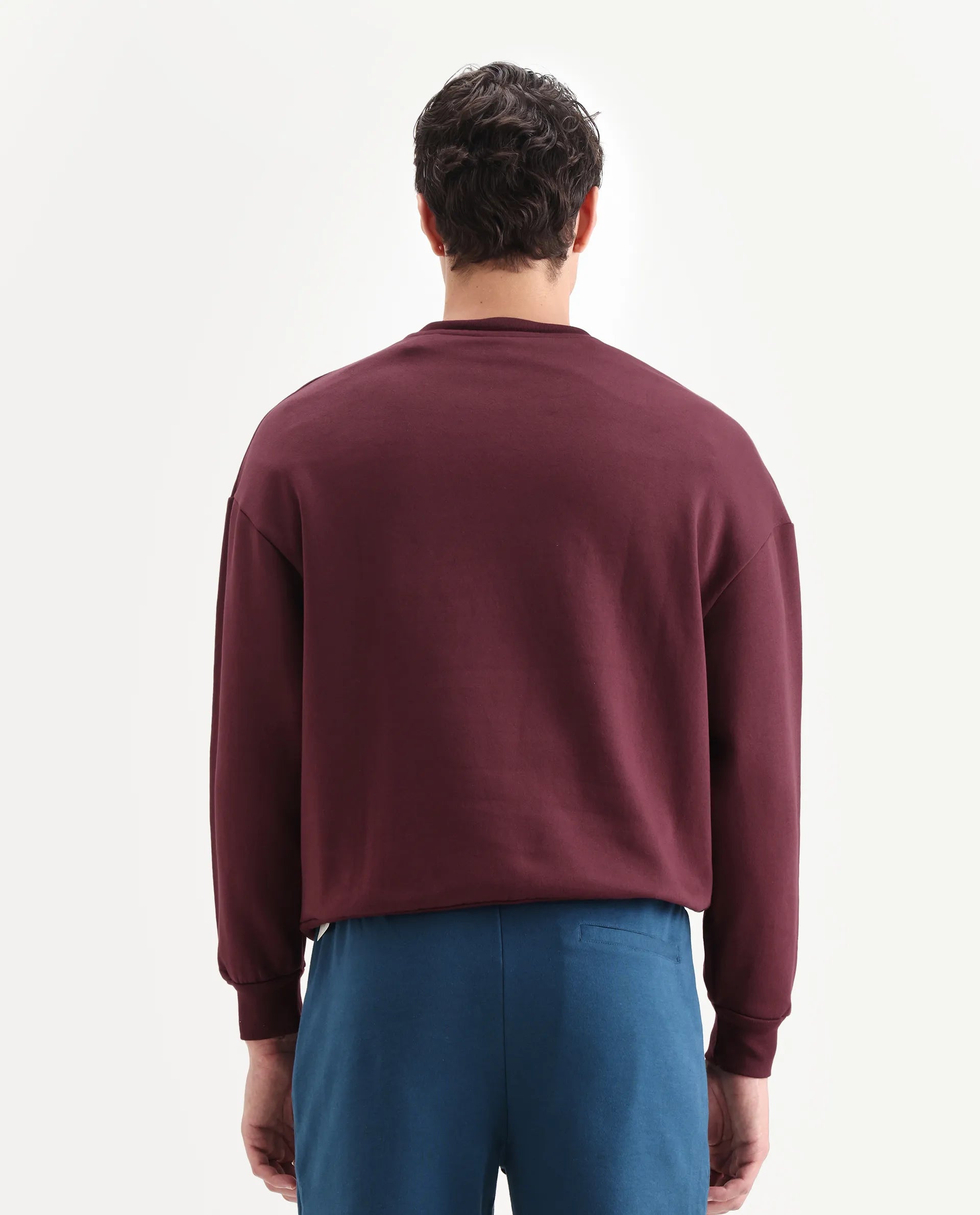 Rare Rabbit Men's Ezy Maroon Cotton Blend Graphic Print Oversized Fit Full Sleeve Crew Neck Sweatshirt