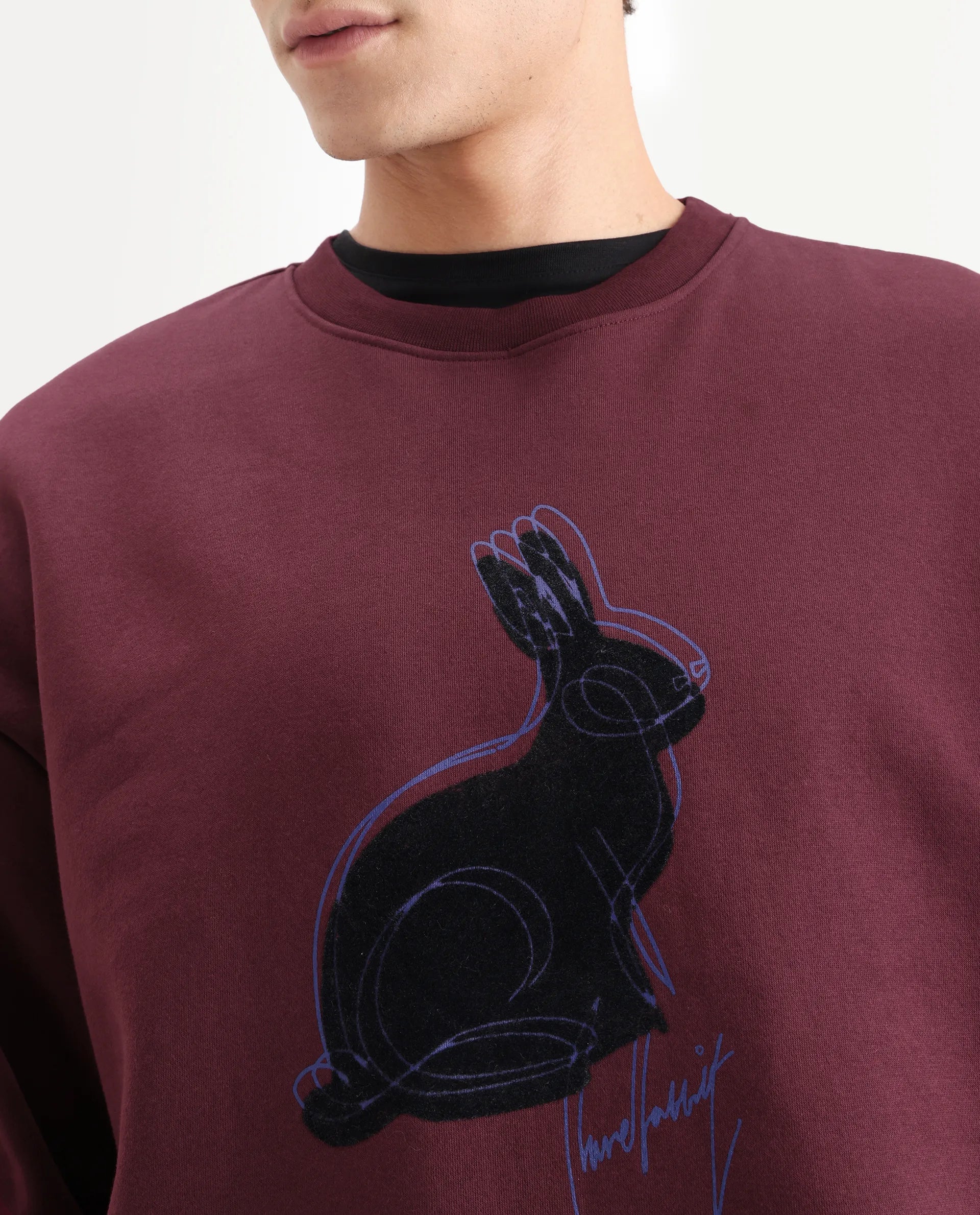 Rare Rabbit Men's Ezy Maroon Cotton Blend Graphic Print Oversized Fit Full Sleeve Crew Neck Sweatshirt