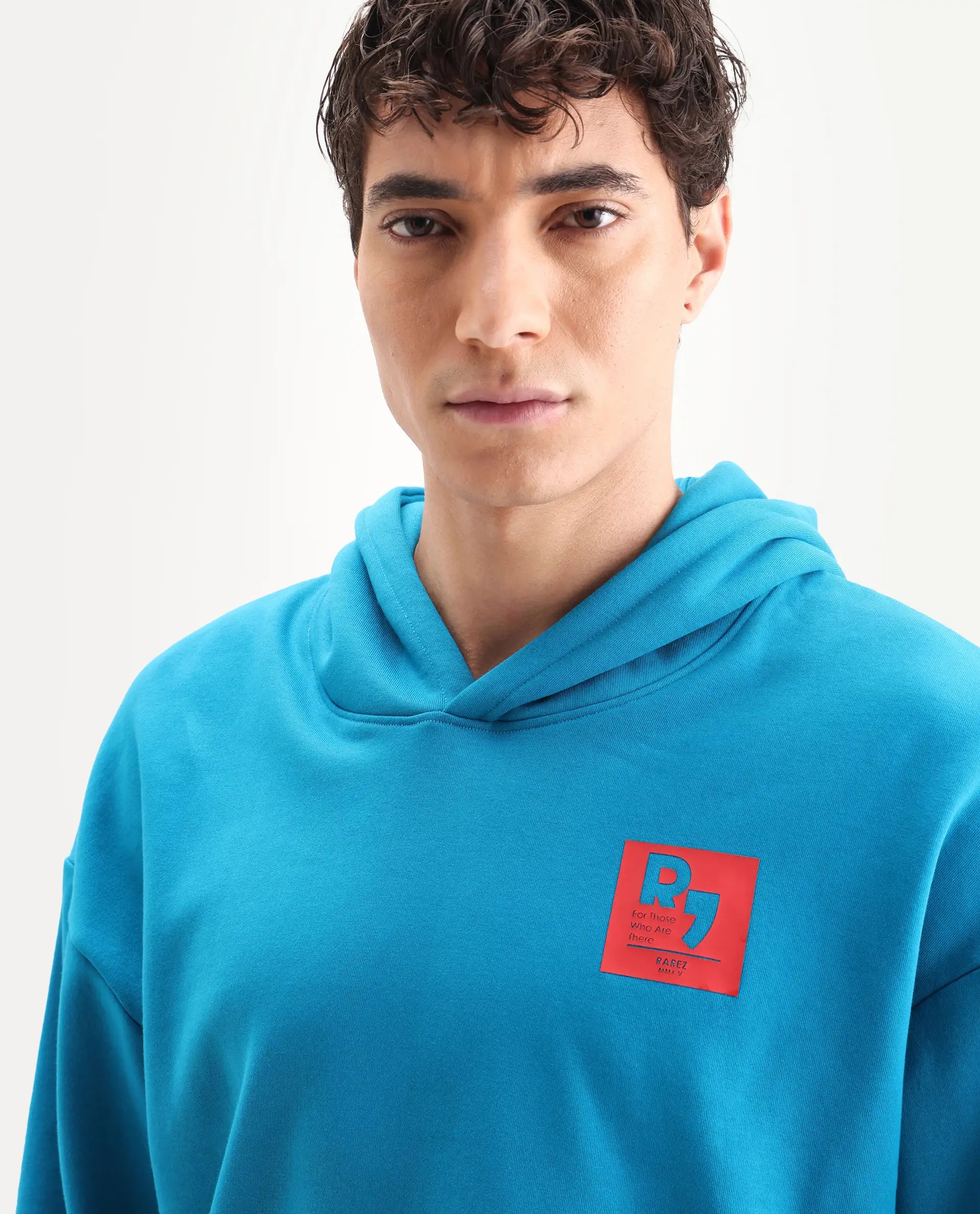 Rare Rabbit Men's Dary Flouroscent Blue Cotton Puff Print Boxy Fit Full Sleeve Hooded Sweatshirt