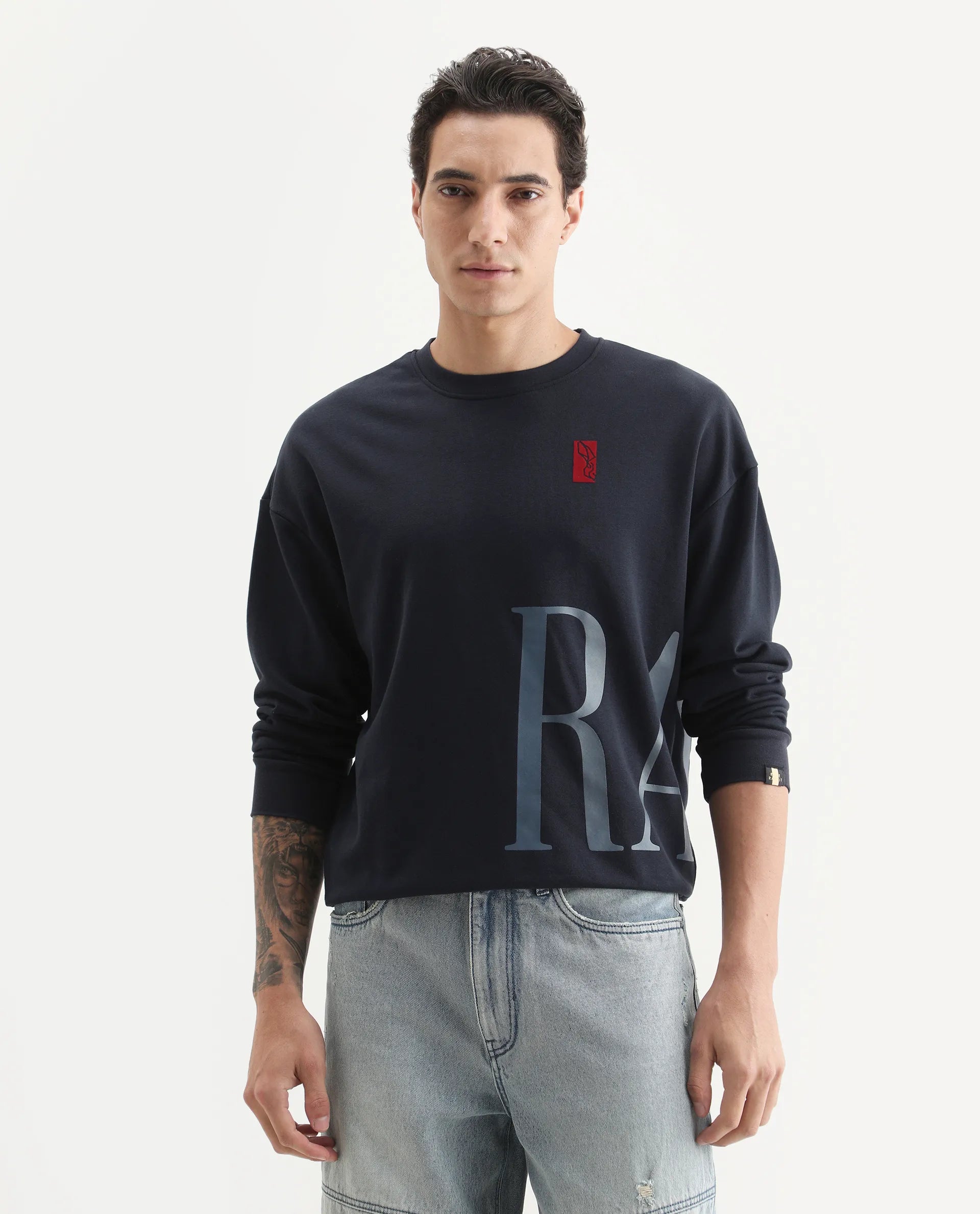 Rare Rabbit Men's Kacey Navy Cotton Graphic Print Oversized Fit Full Sleeve Crew Neck Sweatshirt