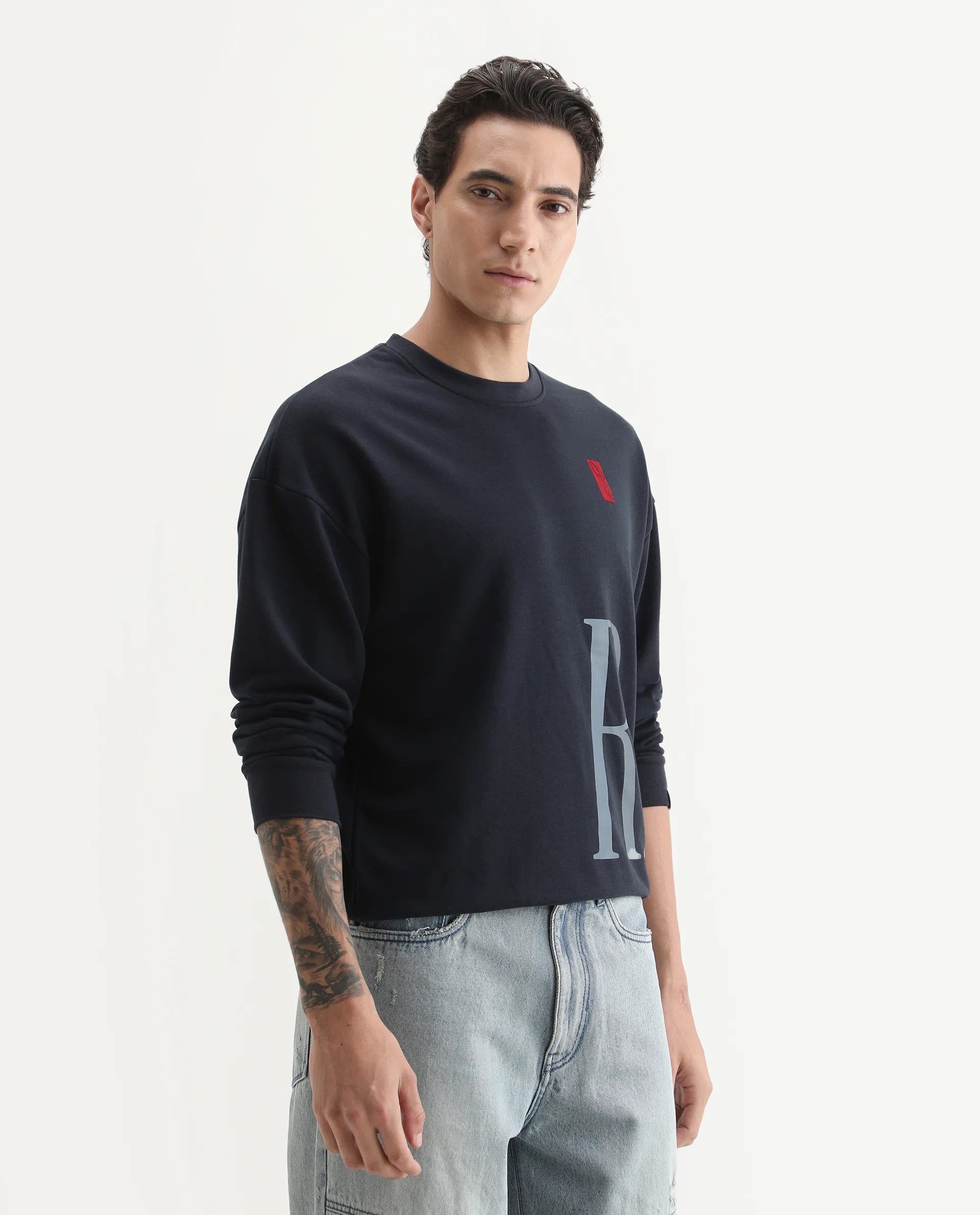 Rare Rabbit Men's Kacey Navy Cotton Graphic Print Oversized Fit Full Sleeve Crew Neck Sweatshirt