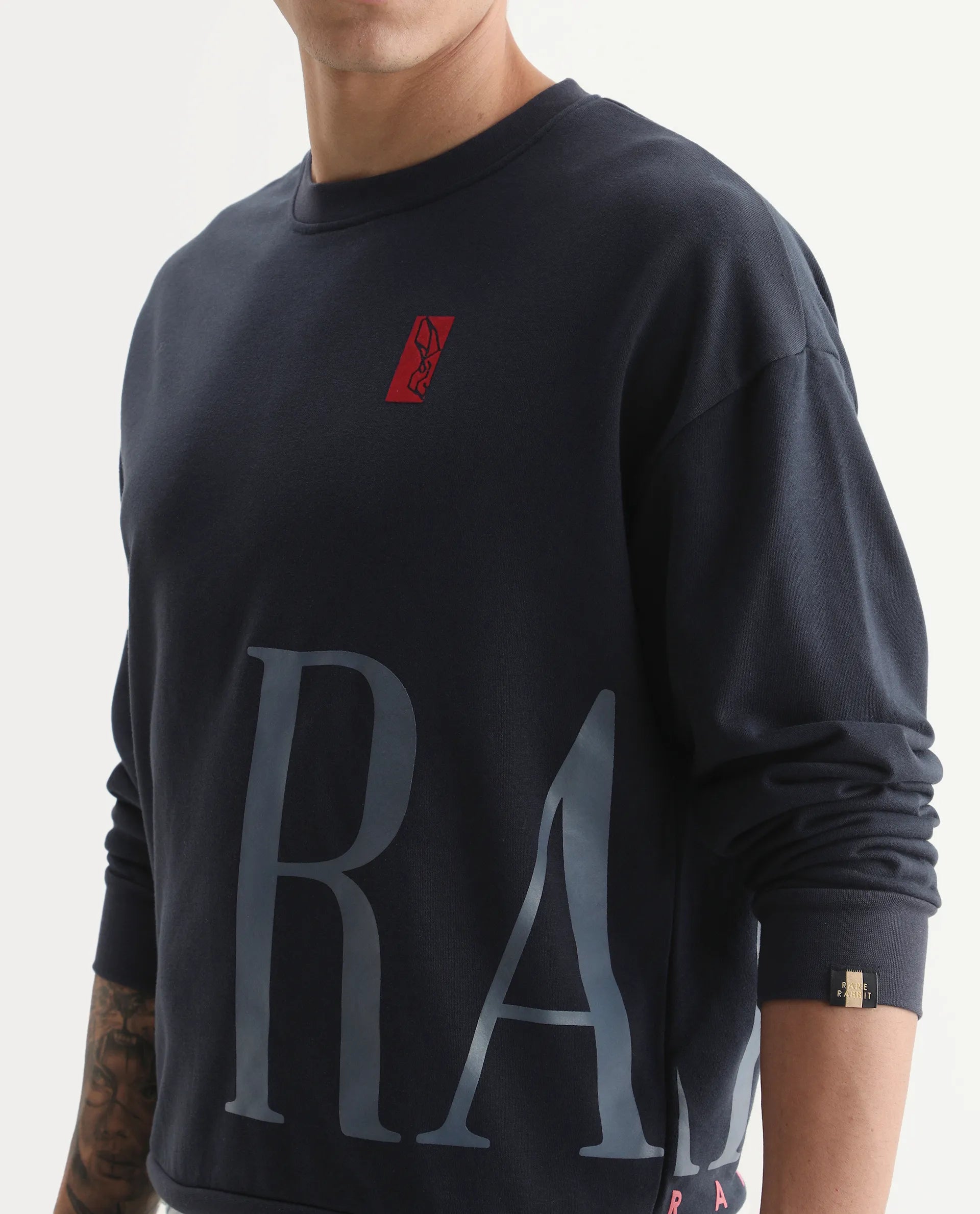 Rare Rabbit Men's Kacey Navy Cotton Graphic Print Oversized Fit Full Sleeve Crew Neck Sweatshirt