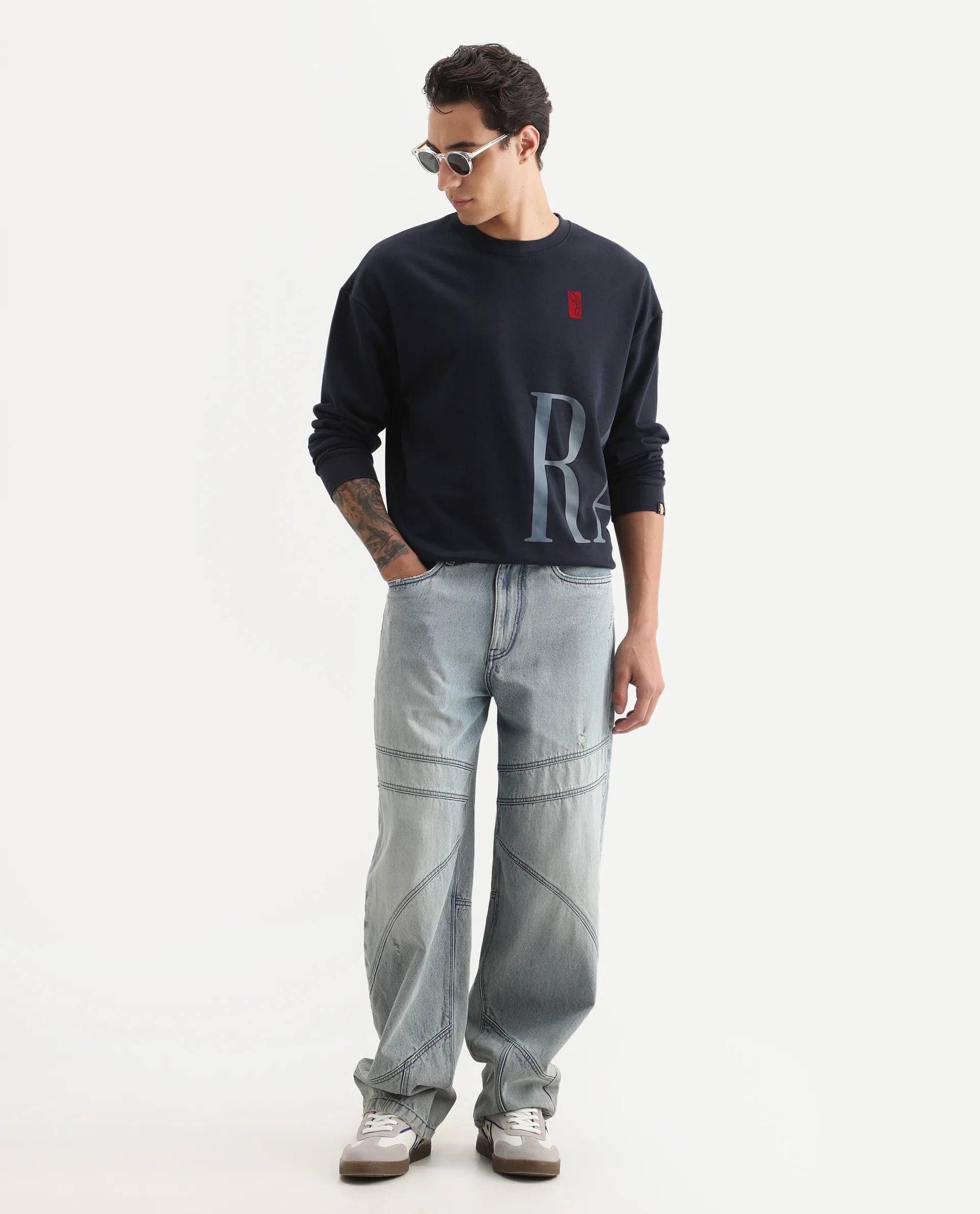 Rare Rabbit Men's Kacey Navy Cotton Graphic Print Oversized Fit Full Sleeve Crew Neck Sweatshirt