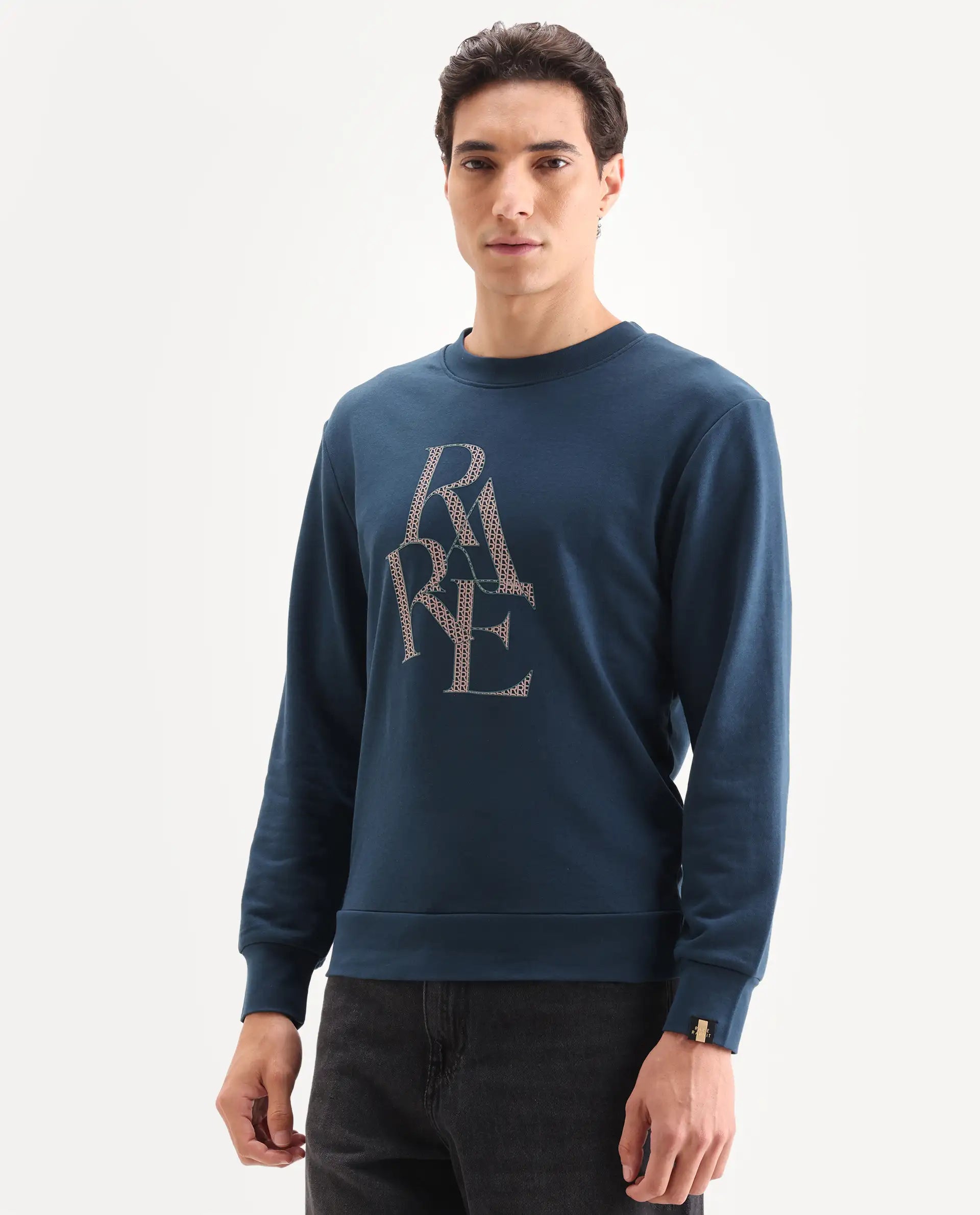 Rare Rabbit Men's Calixer Dark Green Graphic Print Regular Fit Full Sleeve Crew Neck Sweatshirt