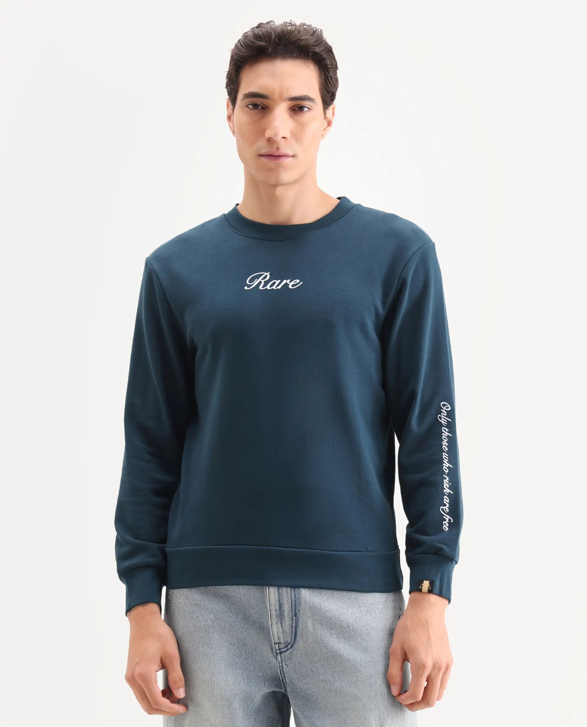 Rare Rabbit Men's Lain Petrol Cotton Animal Print Boxy Fit Full Sleeve Crew Neck Sweatshirt