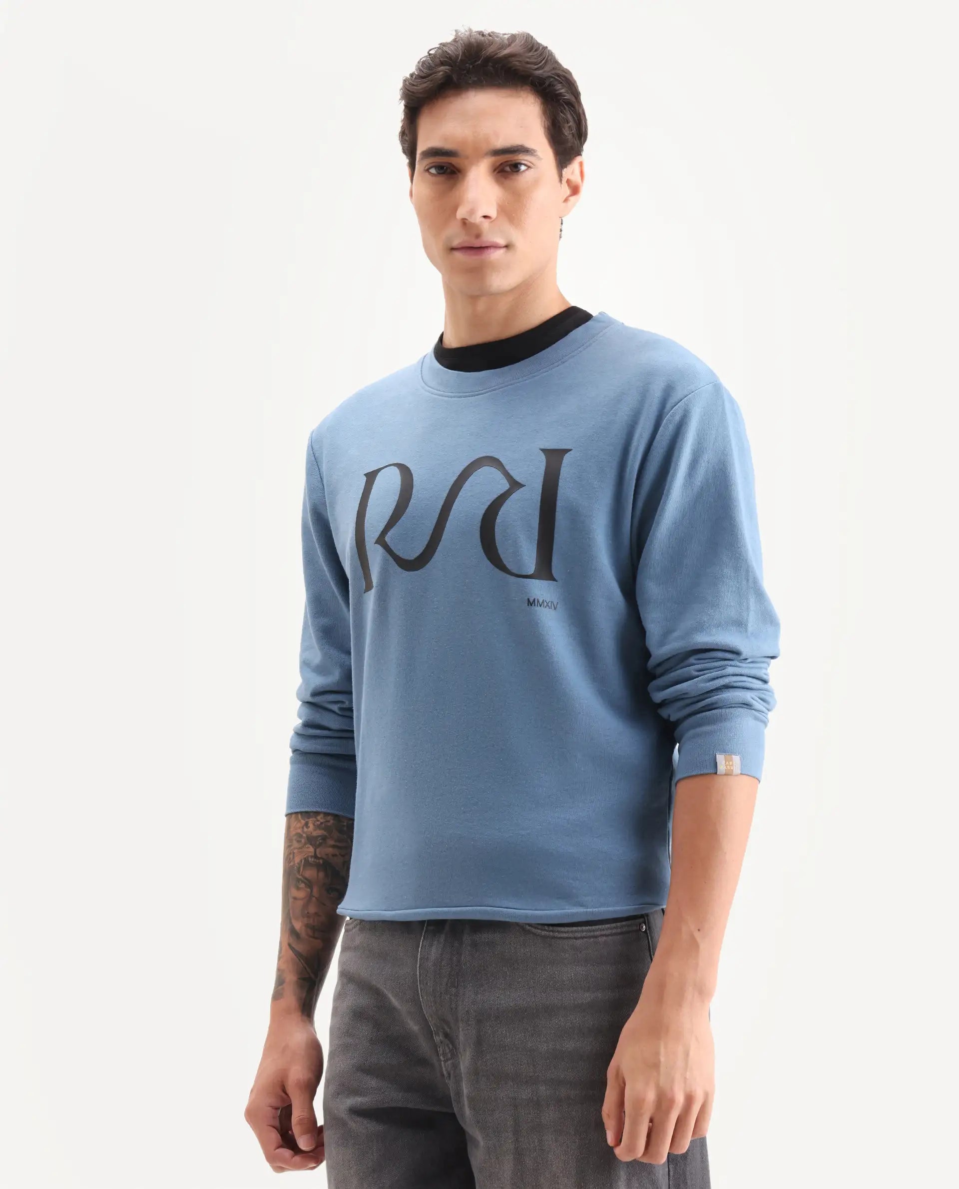 Rare Rabbit Men's Oris Dusky Blue Cotton Graphic Print Regular Fit Full Sleeve Crew Neck Sweatshirt