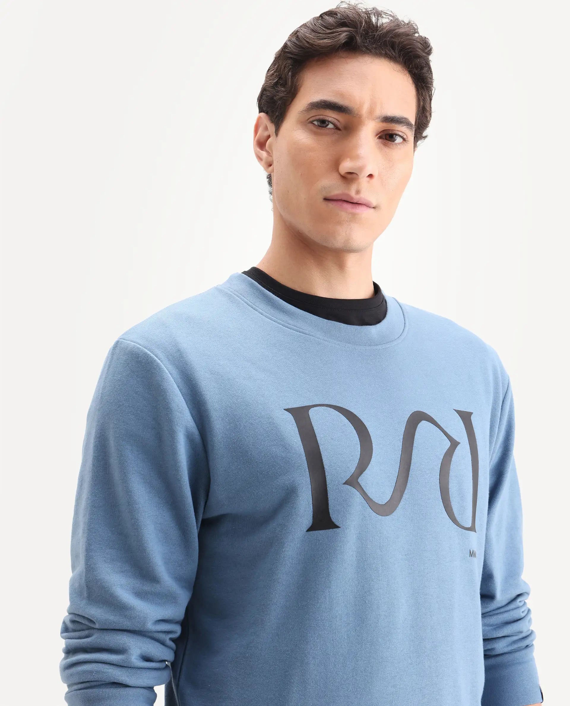 Rare Rabbit Men's Oris Dusky Blue Cotton Graphic Print Regular Fit Full Sleeve Crew Neck Sweatshirt