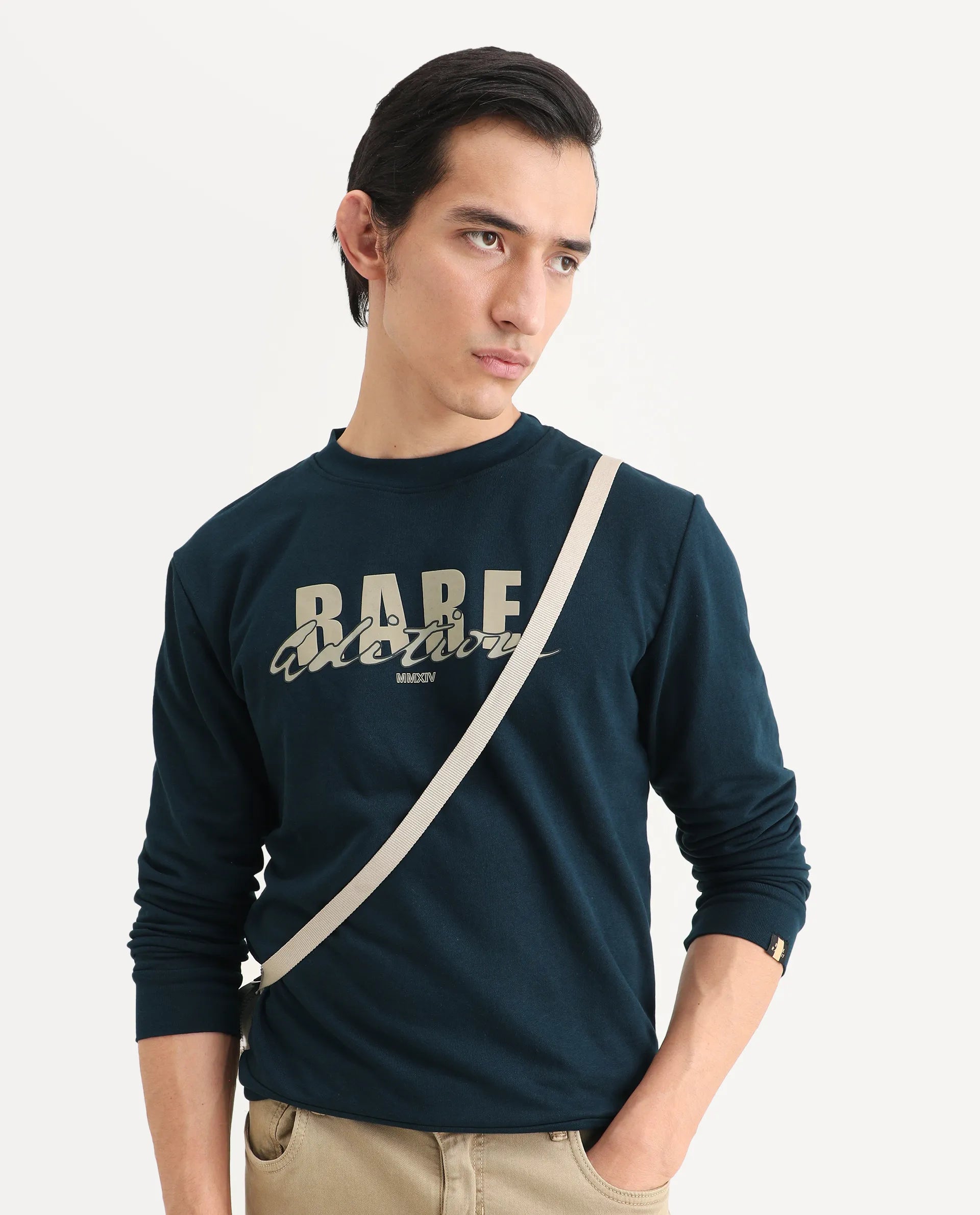 Rare Rabbit Men's Roven Dark Petrol Cotton Graphic Print Regular Fit Full Sleeve Crew Neck Sweatshirt