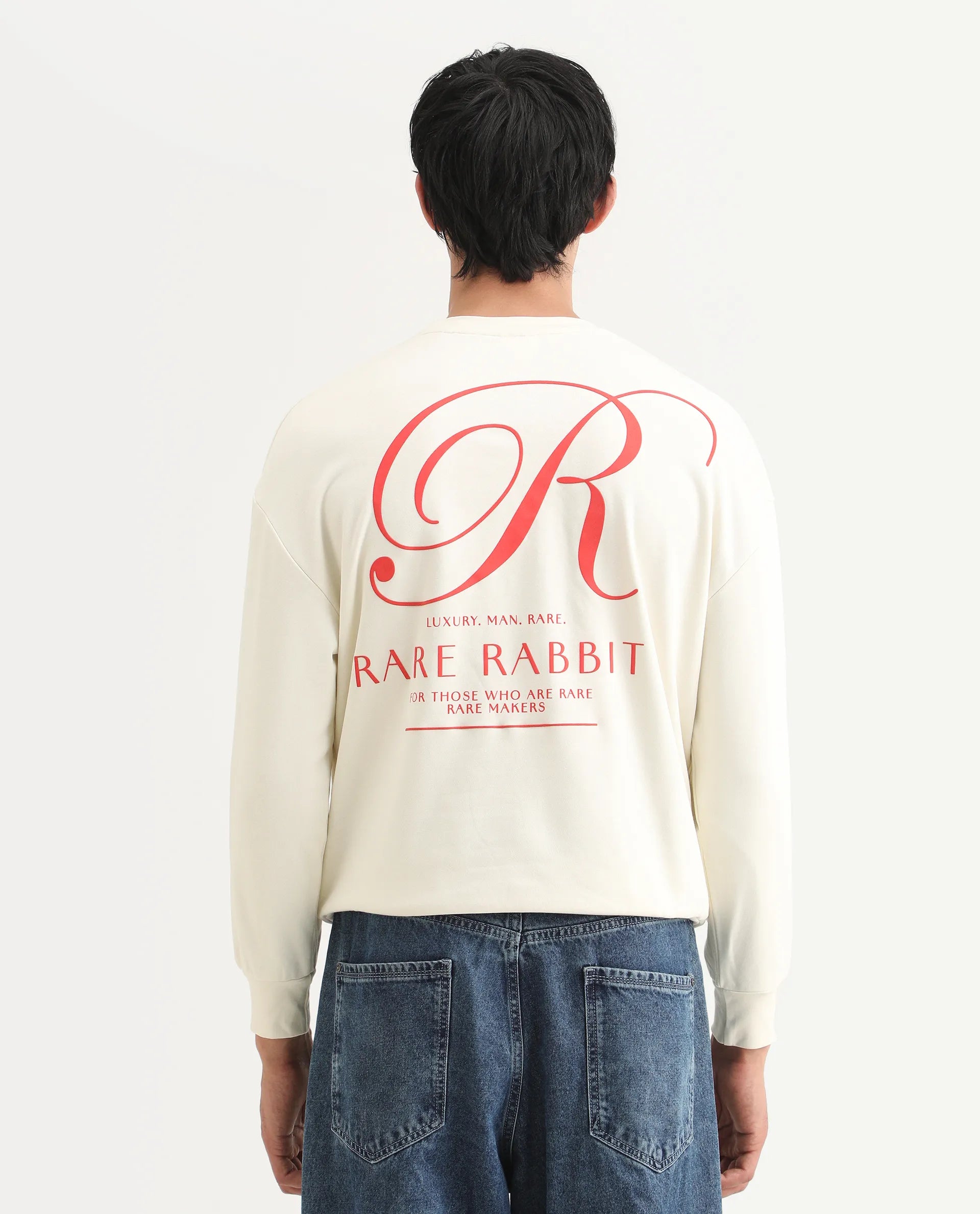Rare Rabbit Men's Ore Off White Cotton Blend Typography Print Boxy Fit Full Sleeve High Neck Sweatshirt