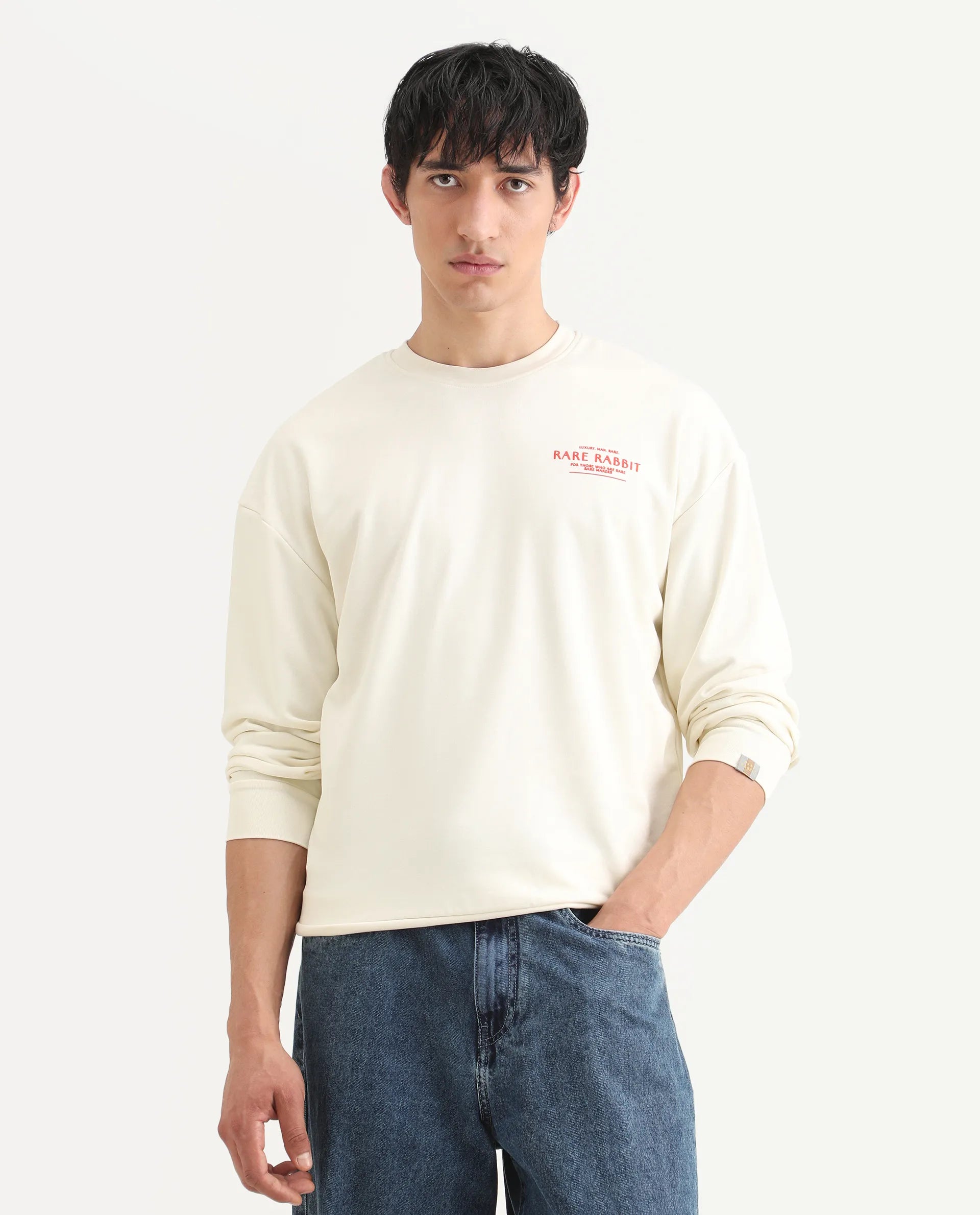 Rare Rabbit Men's Ore Off White Cotton Blend Typography Print Boxy Fit Full Sleeve High Neck Sweatshirt