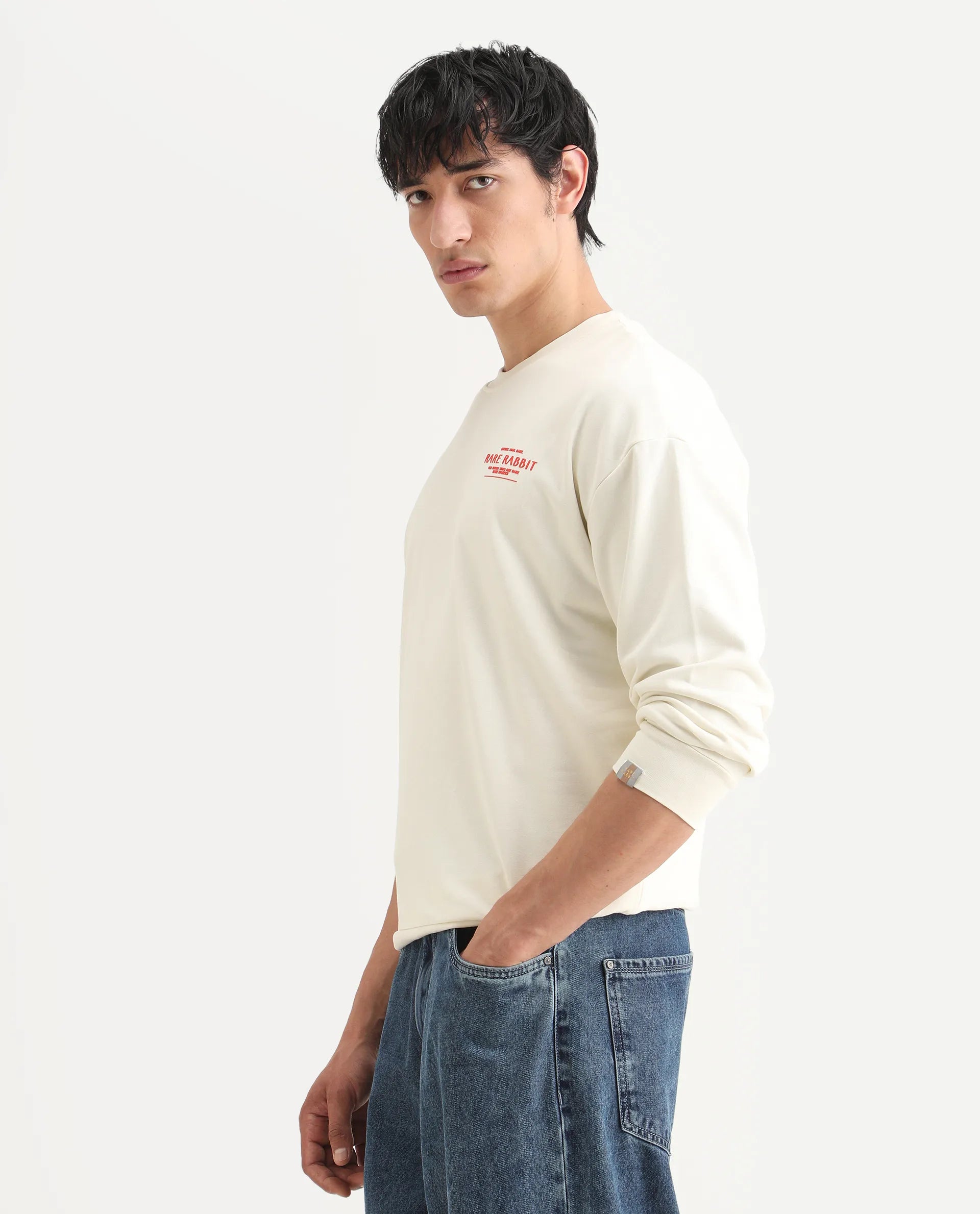 Rare Rabbit Men's Ore Off White Cotton Blend Typography Print Boxy Fit Full Sleeve High Neck Sweatshirt