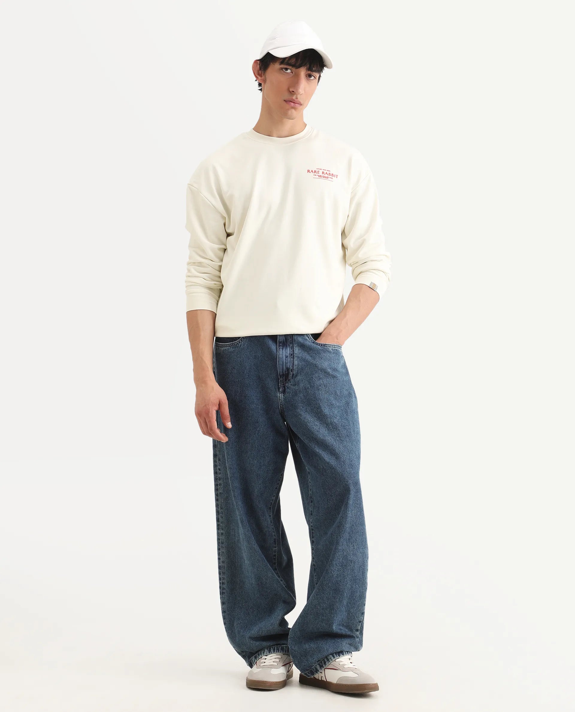 Rare Rabbit Men's Ore Off White Cotton Blend Typography Print Boxy Fit Full Sleeve High Neck Sweatshirt