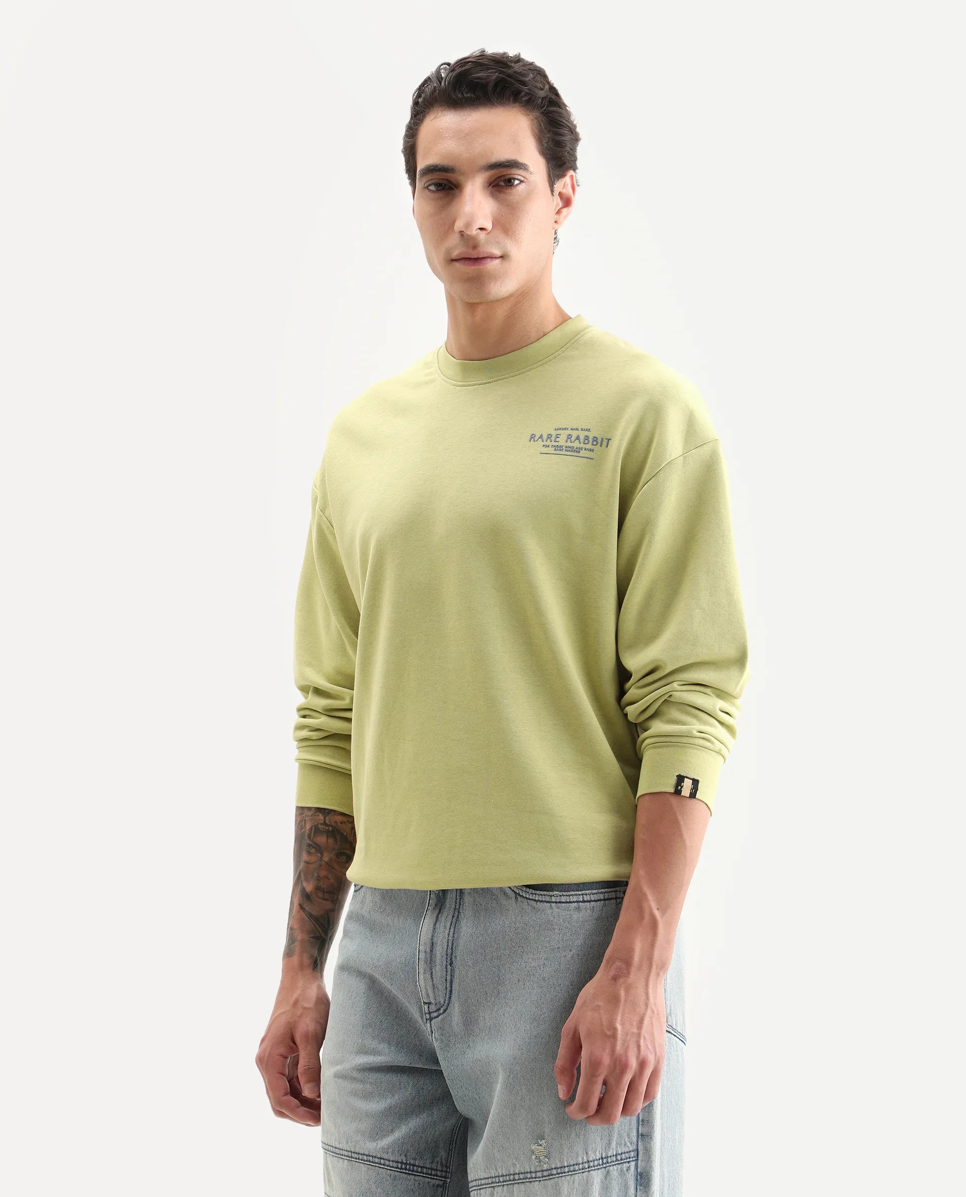 Rare Rabbit Men's Ore Pastel Green Cotton Typography Print Boxy Fit Full Sleeve Crew Neck Sweatshirt