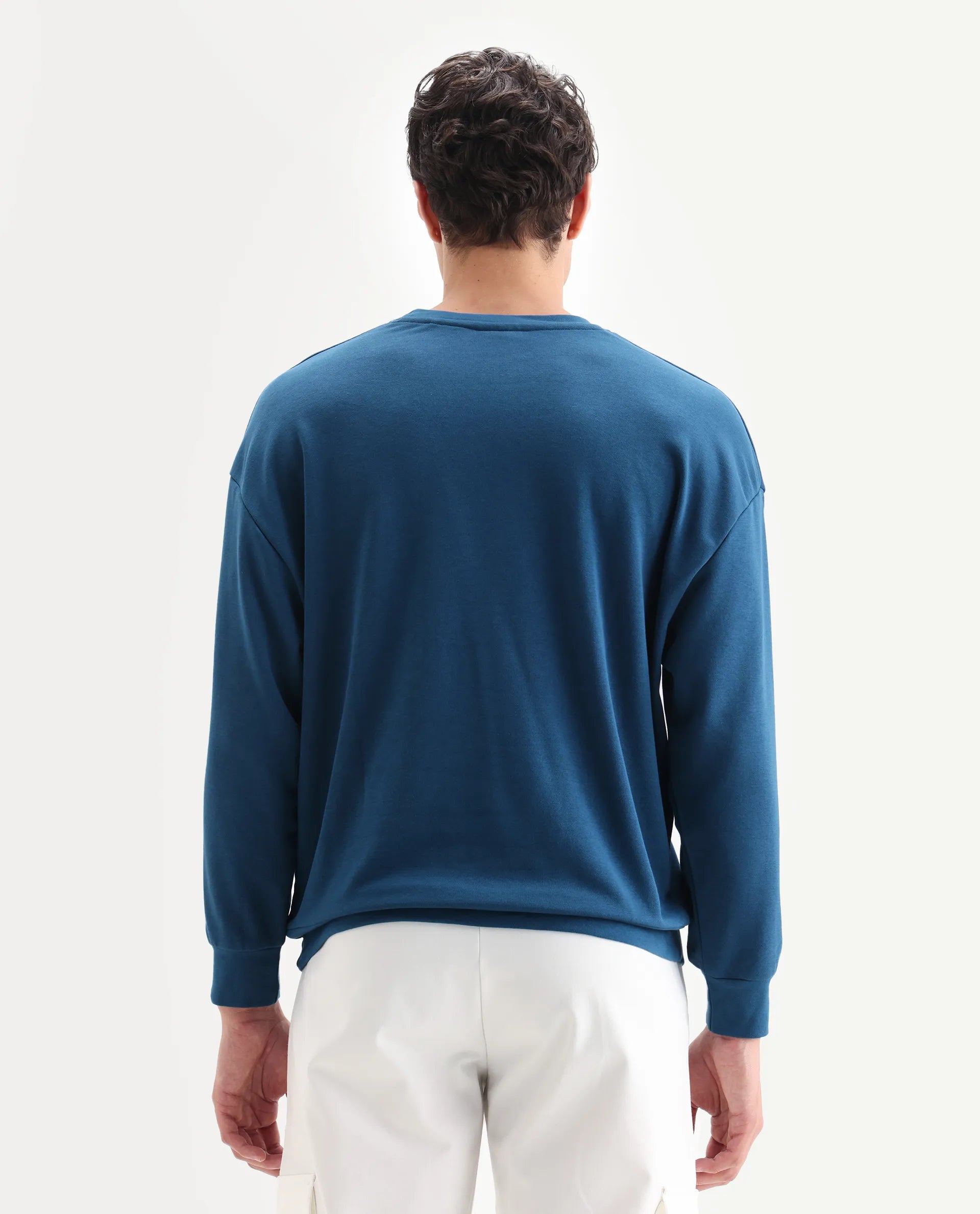 Rare Rabbit Men's Emro Dark Blue Cotton Graphic Print Oversized Fit Full Sleeve Crew Neck Sweatshirt