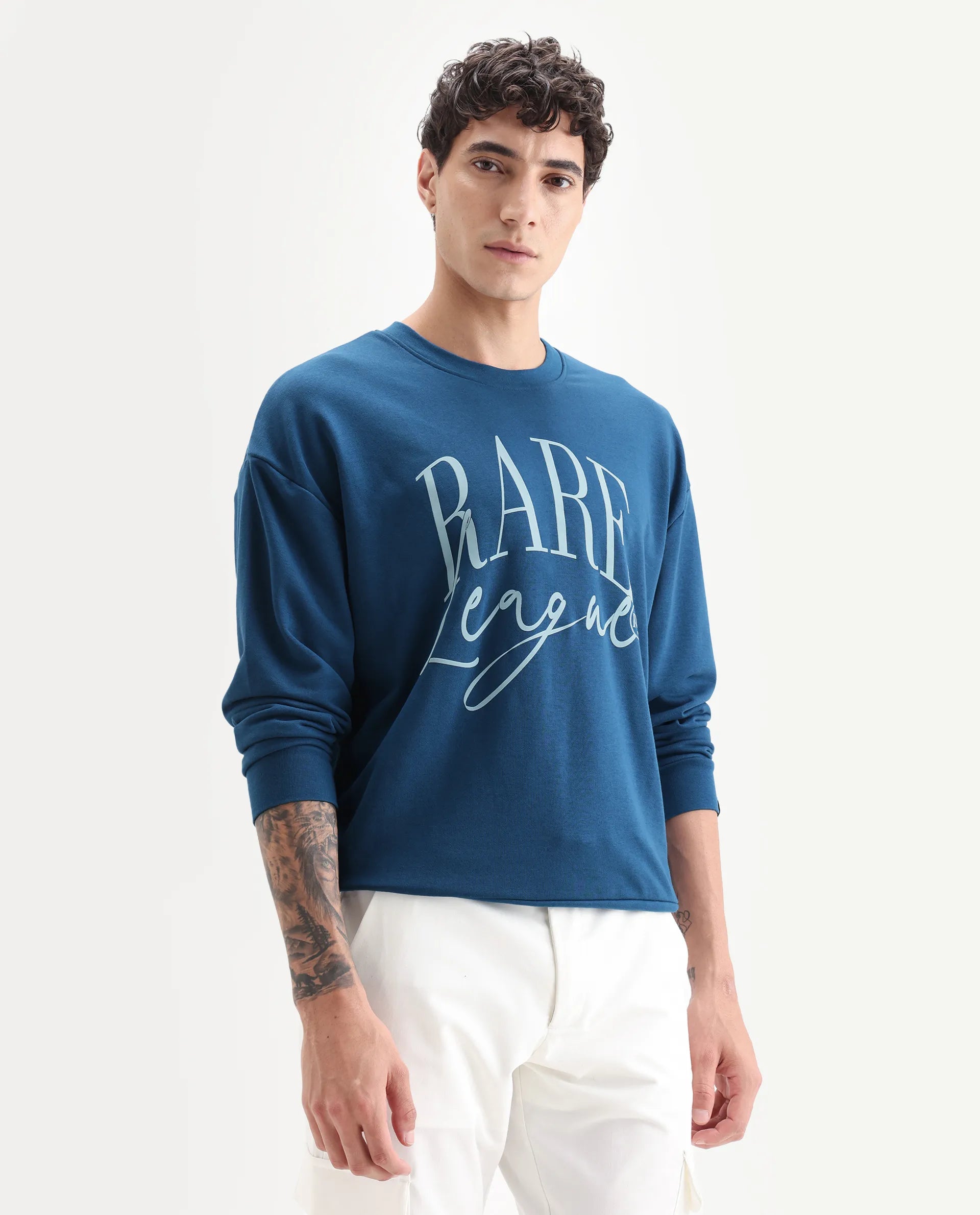 Rare Rabbit Men's Emro Dark Blue Cotton Graphic Print Oversized Fit Full Sleeve Crew Neck Sweatshirt