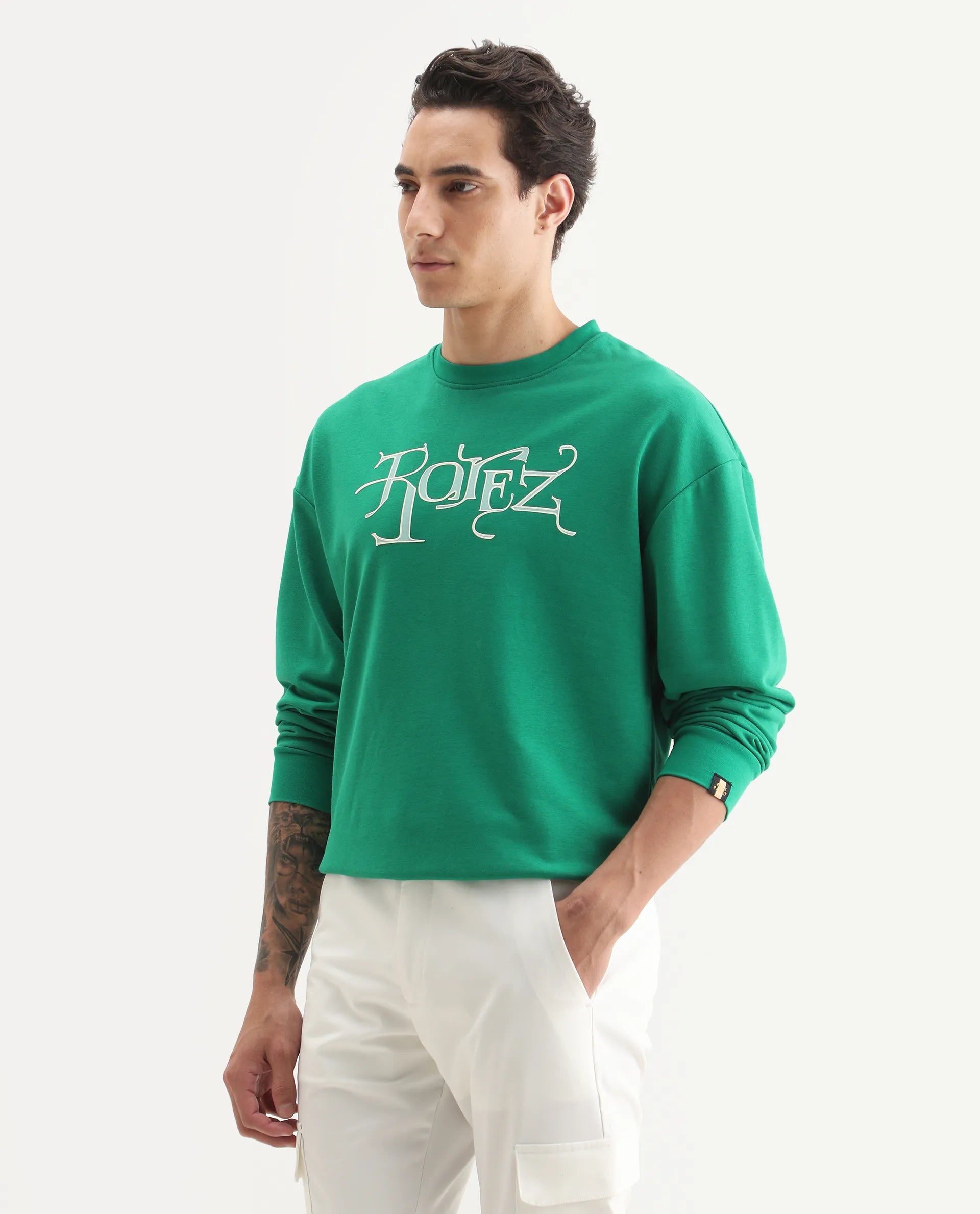 Rare Rabbit Men's Bott Green Cotton Graphic Print Regular Fit Full Sleeve Crew Neck Sweatshirt