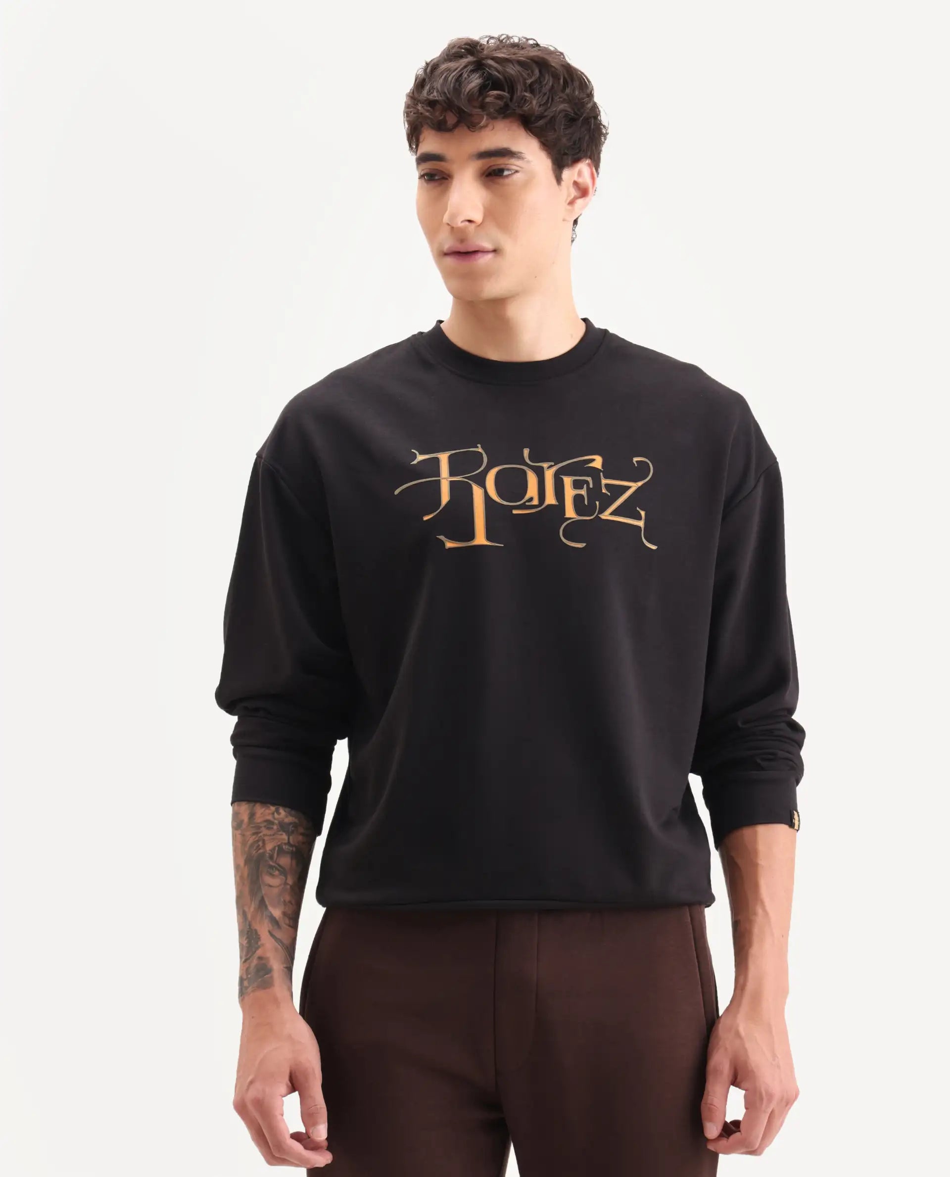 Rare Rabbit Men's Bott Dark Grey Cotton Graphic Print Regular Fit Full Sleeve Crew Neck Sweatshirt
