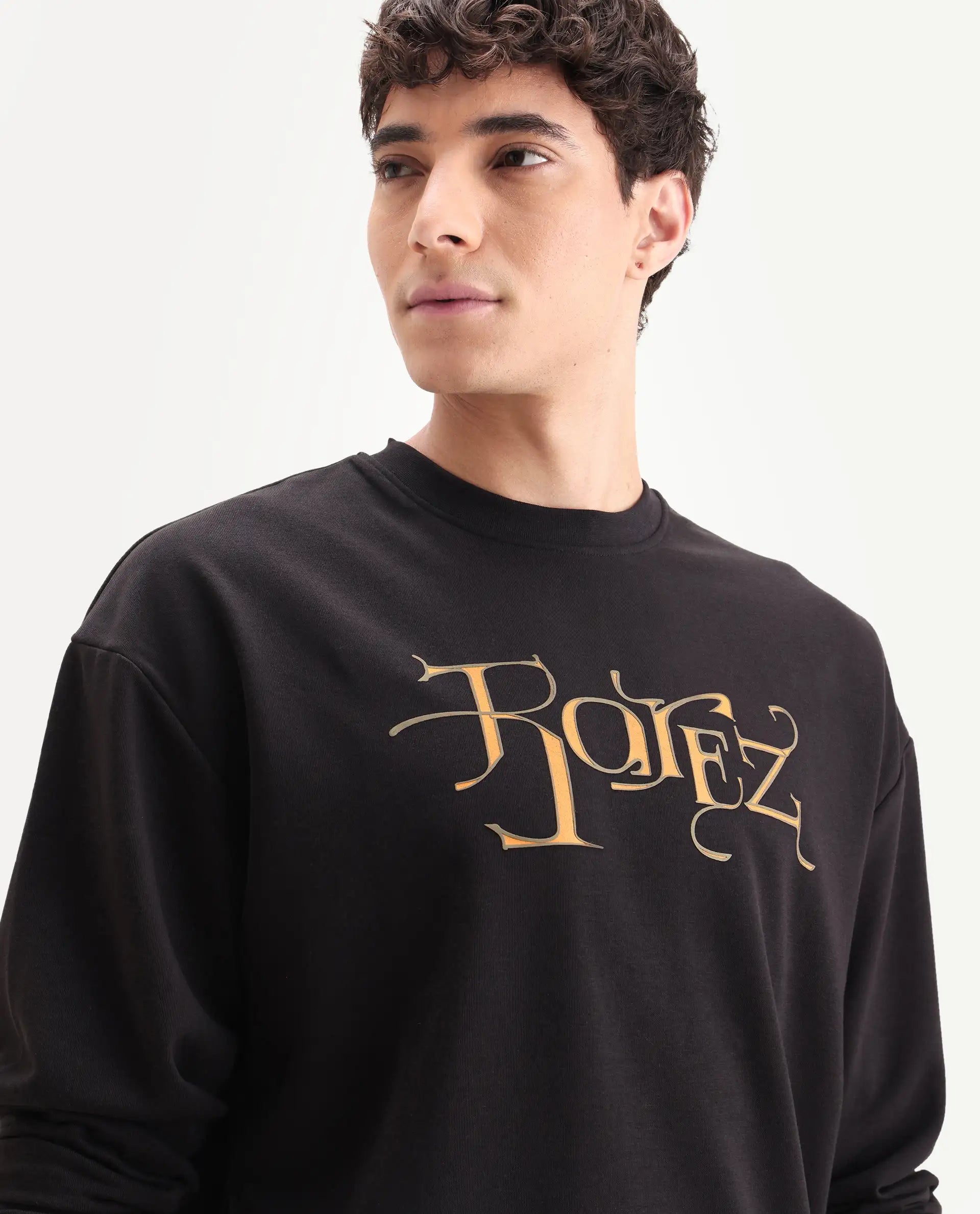 Rare Rabbit Men's Bott Dark Grey Cotton Graphic Print Regular Fit Full Sleeve Crew Neck Sweatshirt