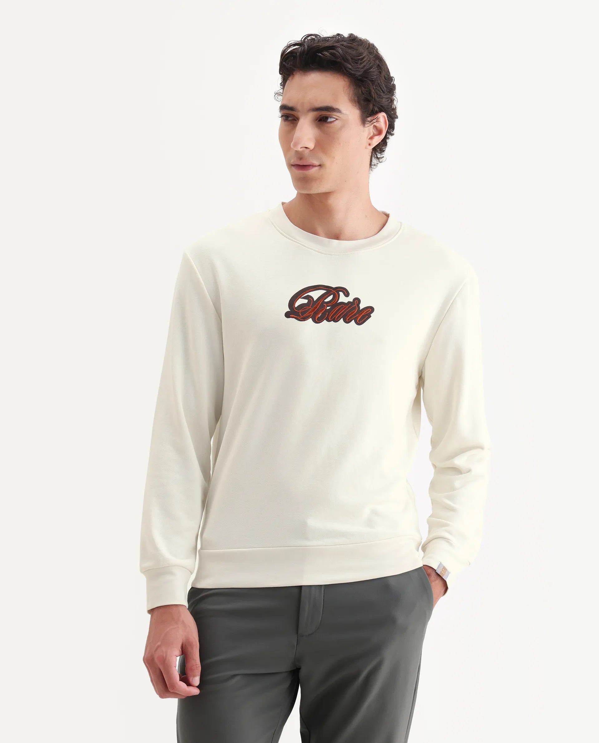 Rare Rabbit Men's Frejus Off White Cotton Embroidered Regular Fit Full Sleeve Crew Neck Sweatshirt