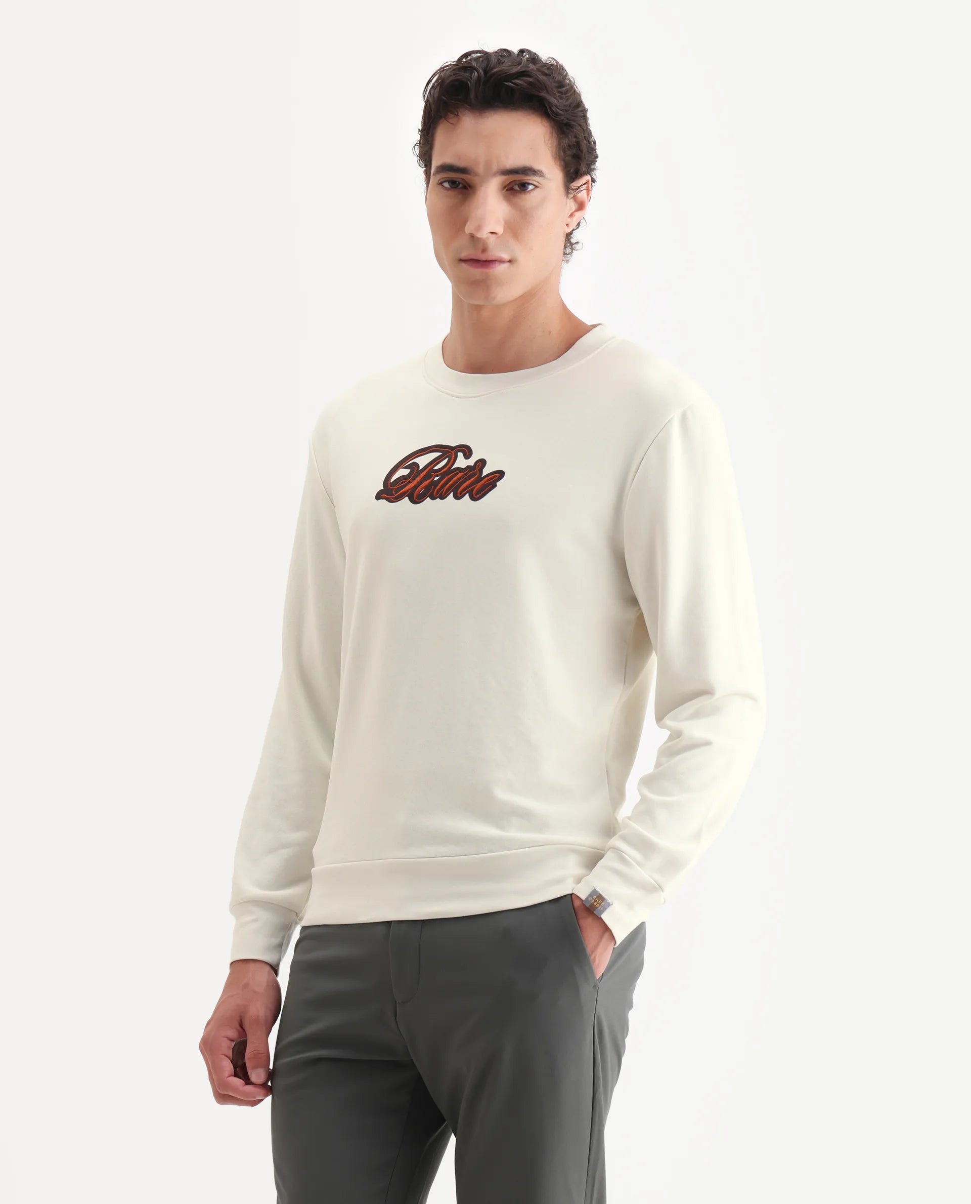 Rare Rabbit Men's Frejus Off White Cotton Embroidered Regular Fit Full Sleeve Crew Neck Sweatshirt