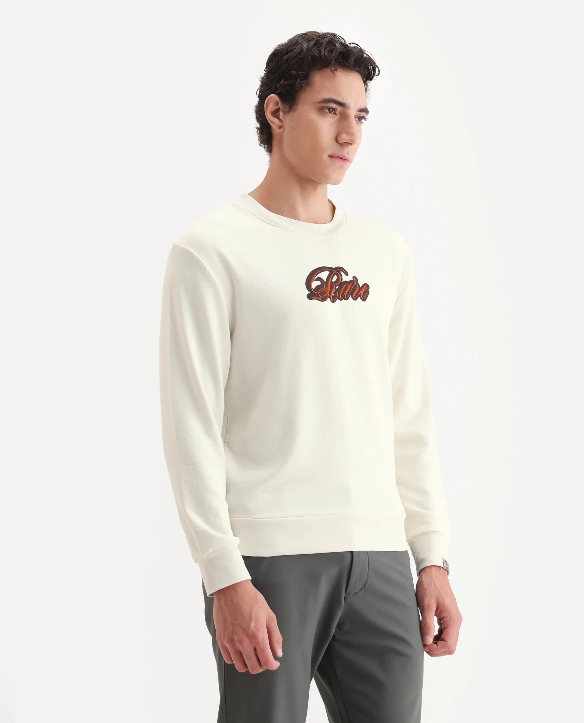 Rare Rabbit Men's Frejus Off White Cotton Embroidered Regular Fit Full Sleeve Crew Neck Sweatshirt