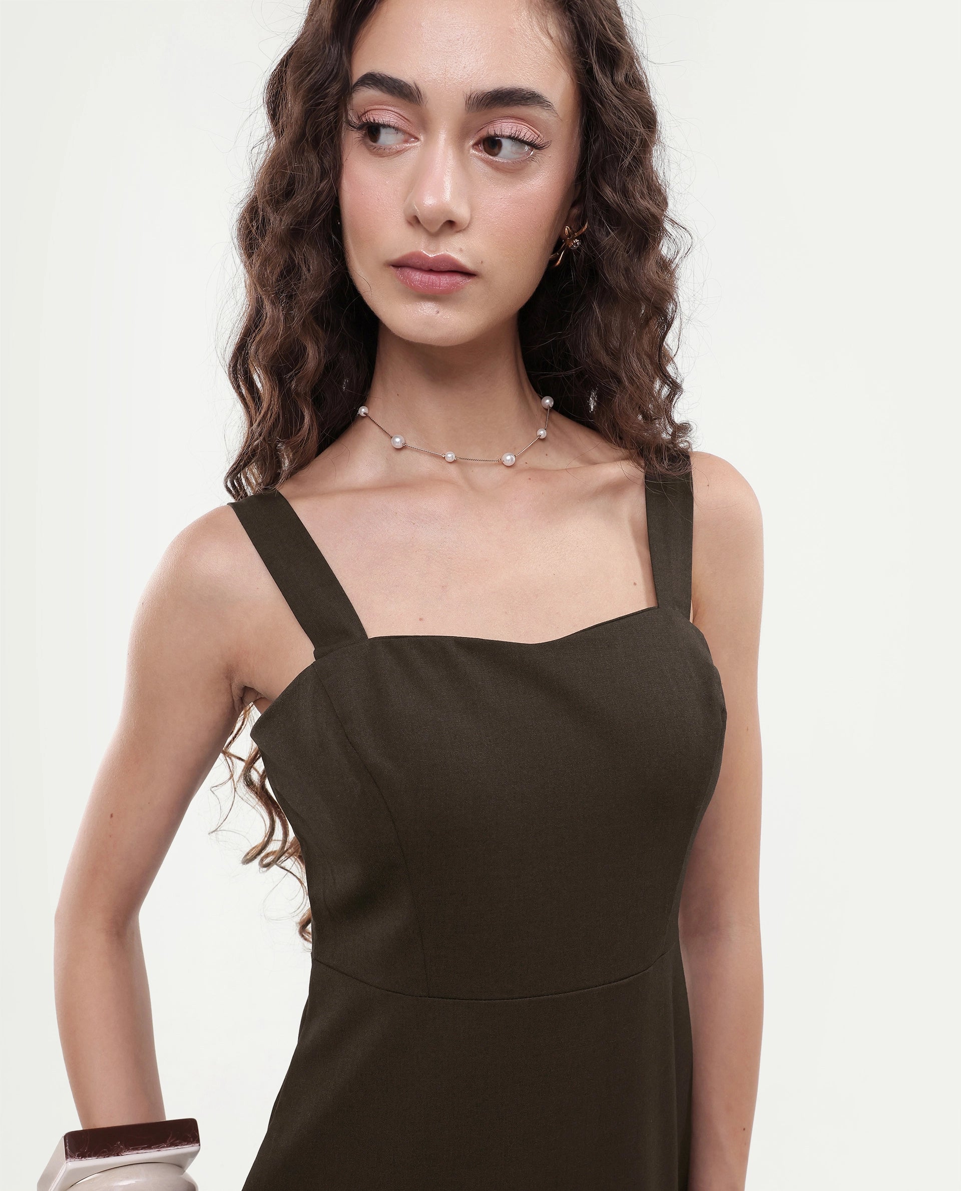 Rareism Women's Canakkale Brown Polyester Blend Sweetheart Neck Plain Sleeveless Mini Straight Fit Dress