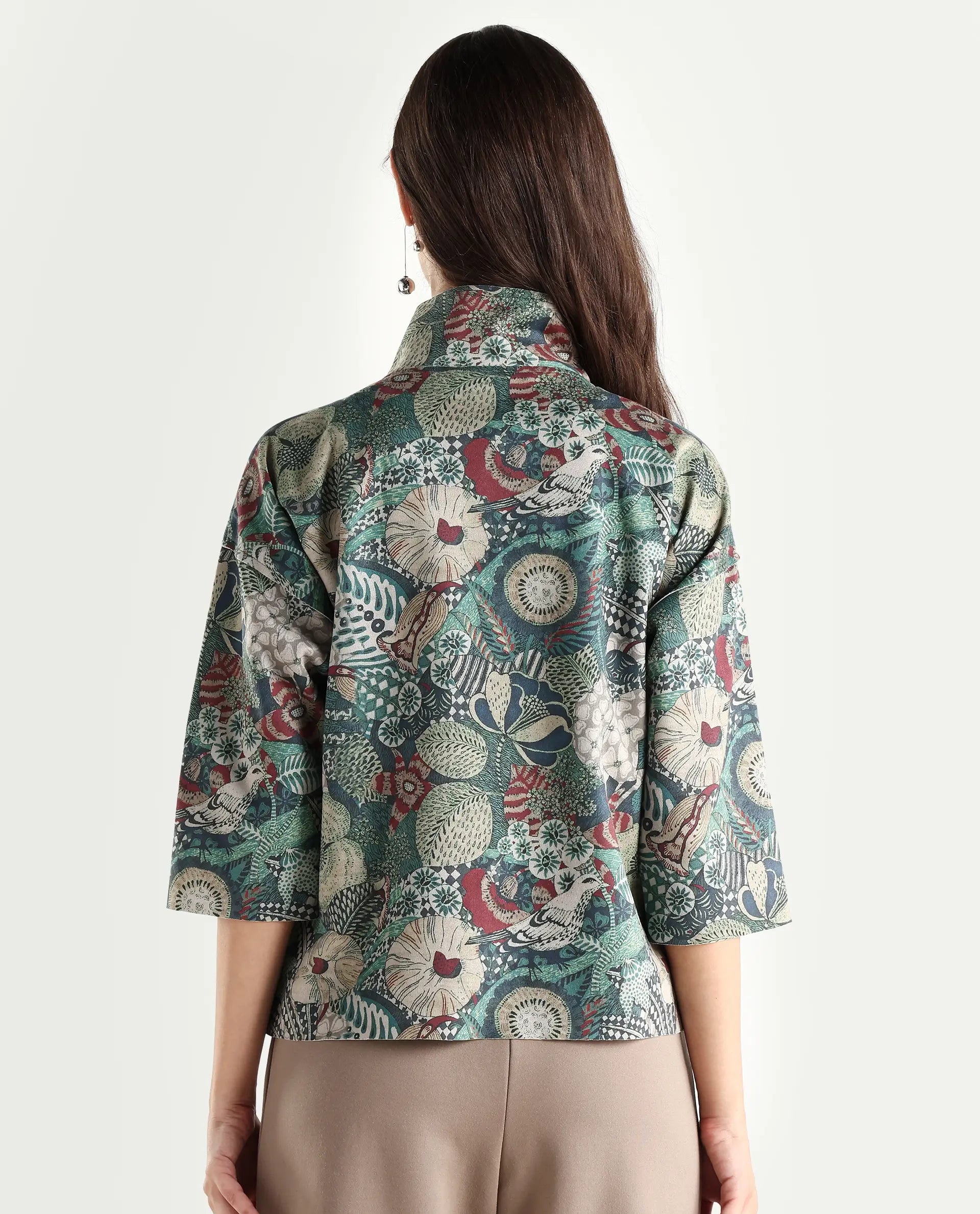 Rareism Women's Vaso Multi Suede Stand Collar Abstract Print Boxy Fit Jacket