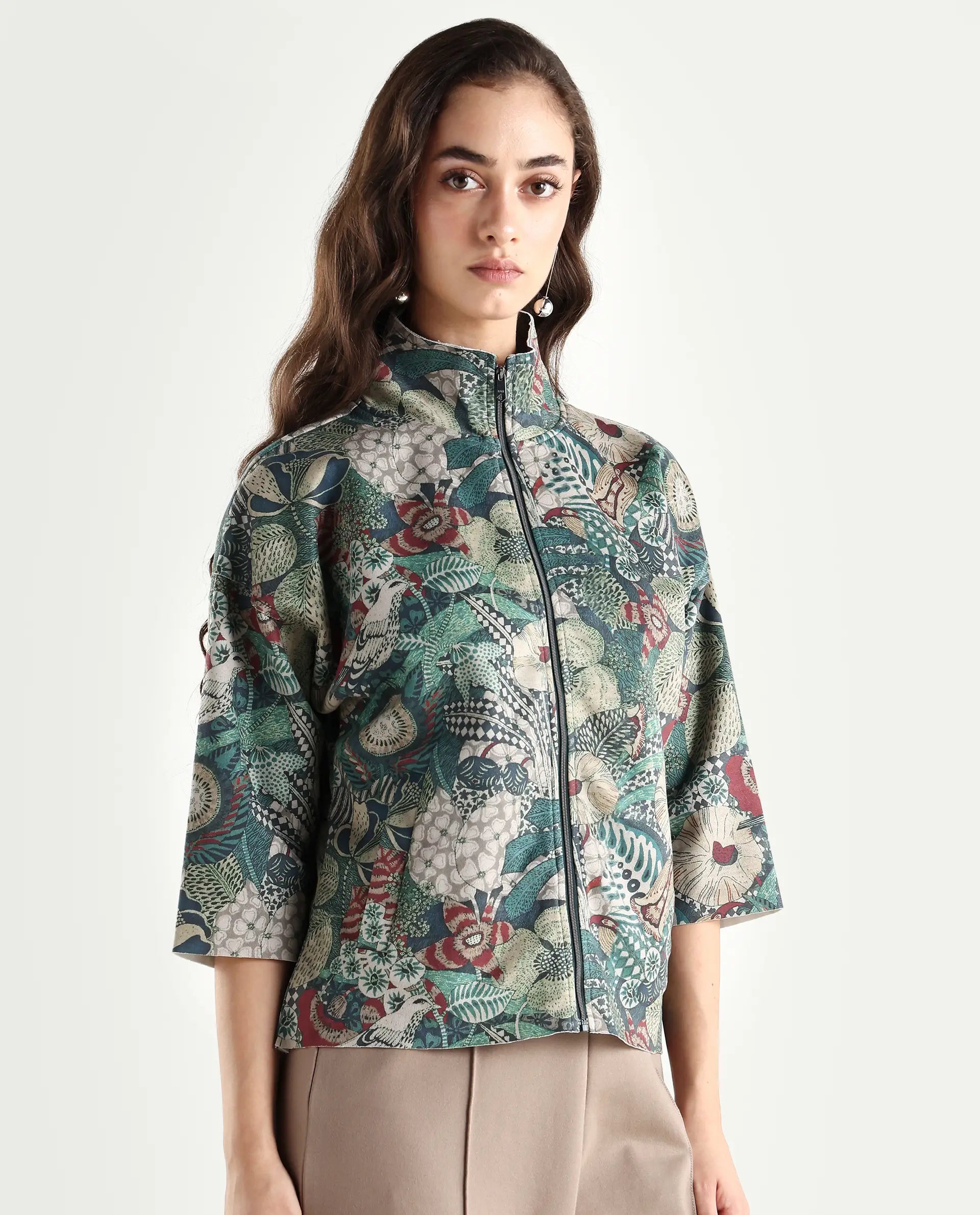 Rareism Women's Vaso Multi Suede Stand Collar Abstract Print Boxy Fit Jacket