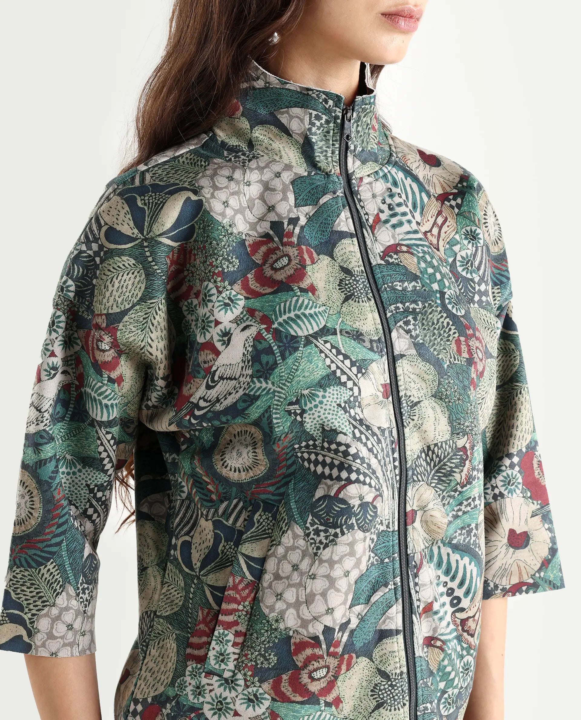 Rareism Women's Vaso Multi Suede Stand Collar Abstract Print Boxy Fit Jacket