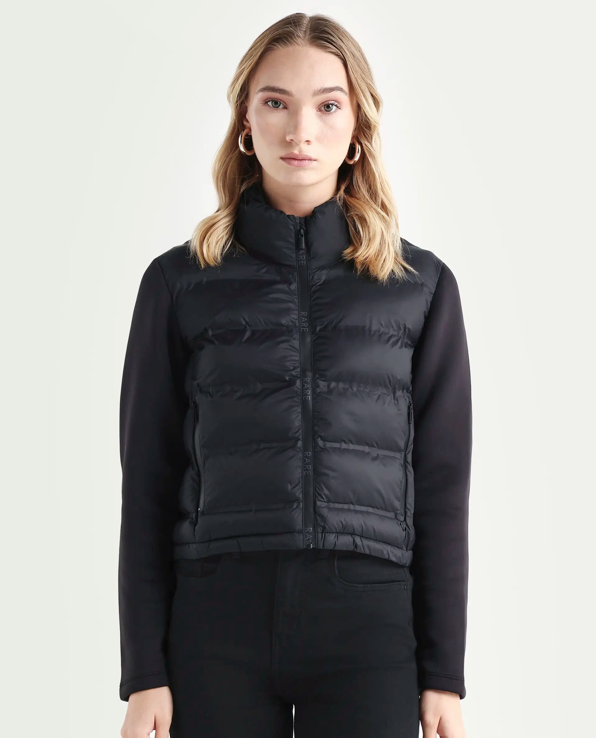 Rareism Women's Zarcro Black Polyester Stand Collar Plain Regular Fit Jacket