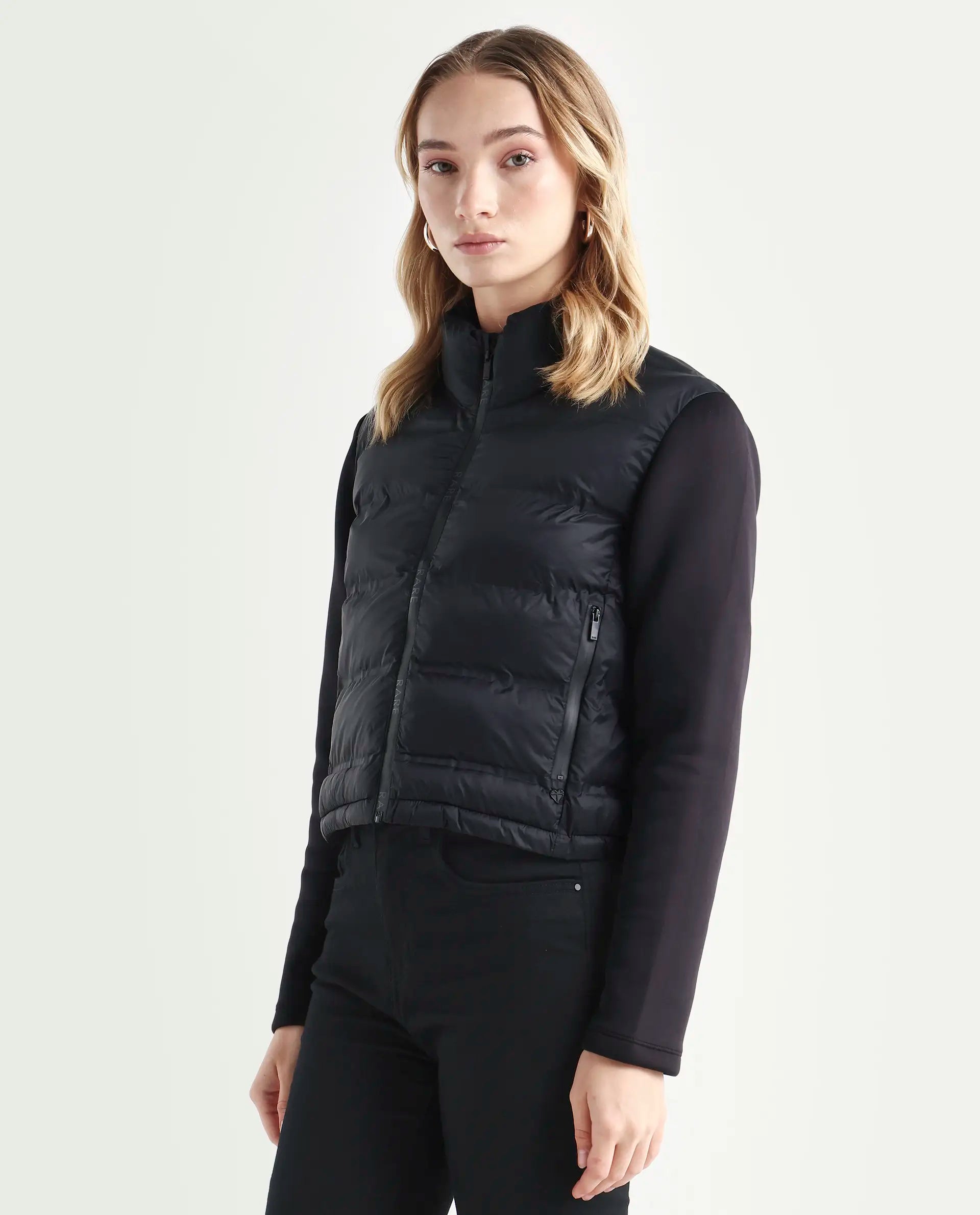 Rareism Women's Zarcro Black Polyester Stand Collar Plain Regular Fit Jacket