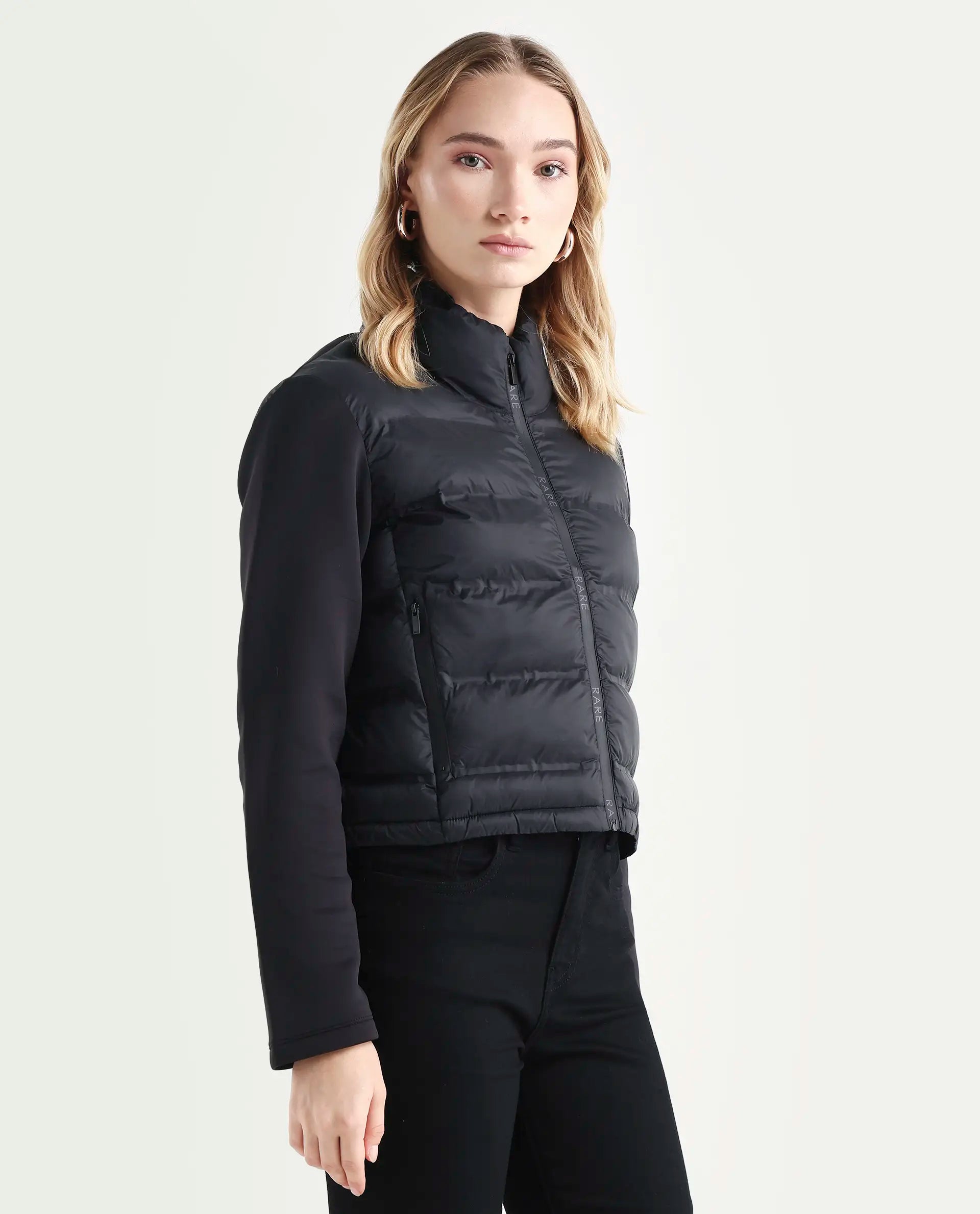 Rareism Women's Zarcro Black Polyester Stand Collar Plain Regular Fit Jacket