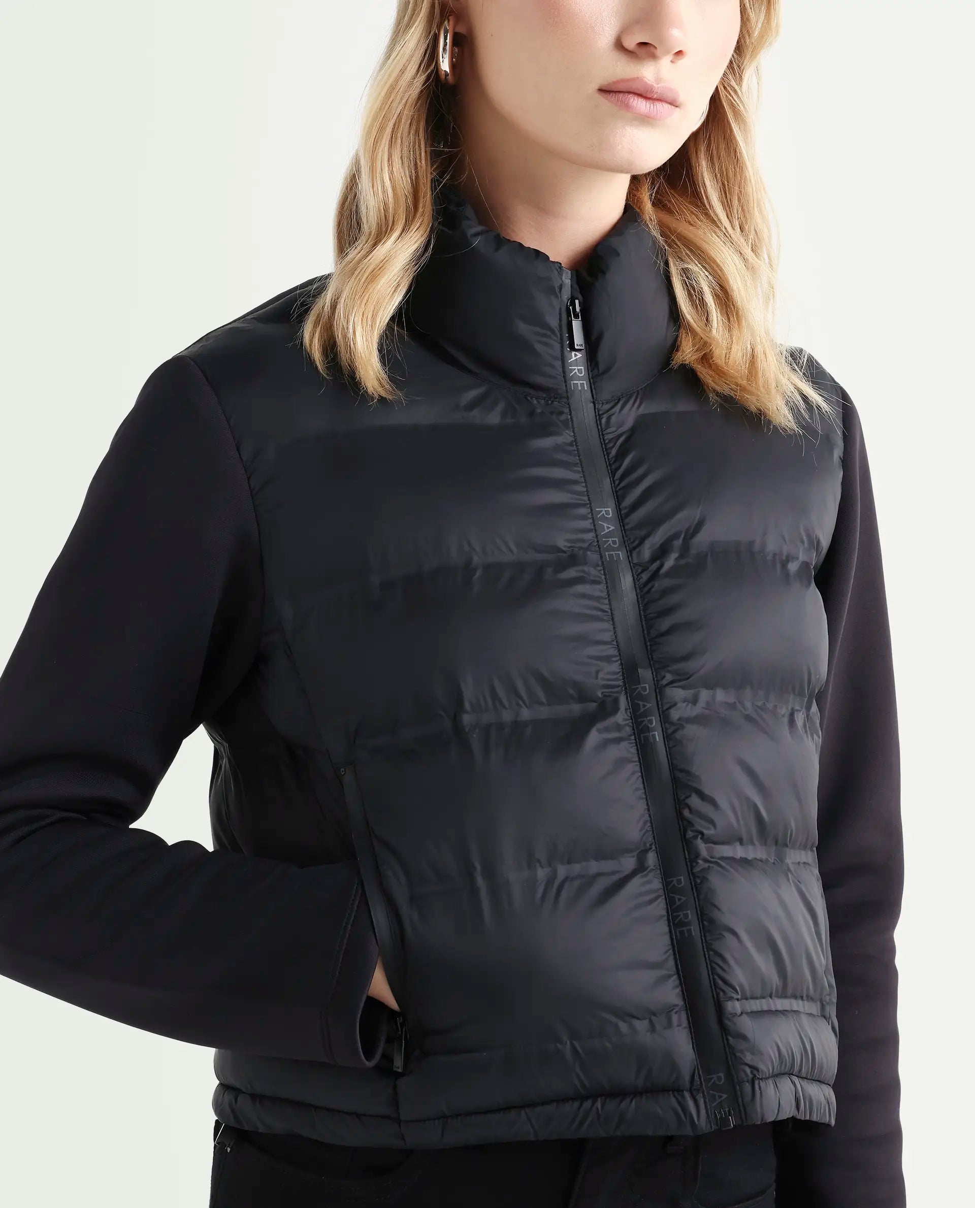 Rareism Women's Zarcro Black Polyester Stand Collar Plain Regular Fit Jacket