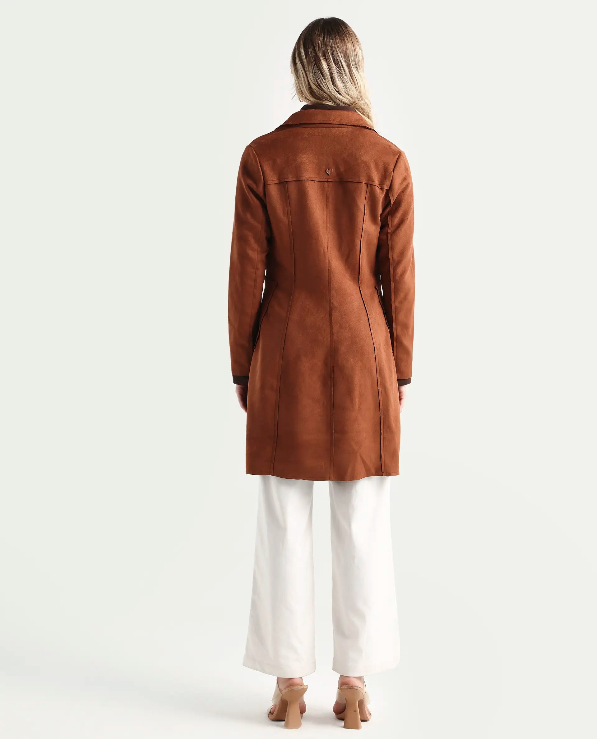 Rareism Women's Gawler Tan Suede Lapel Neck Plain Regular Fit Jacket