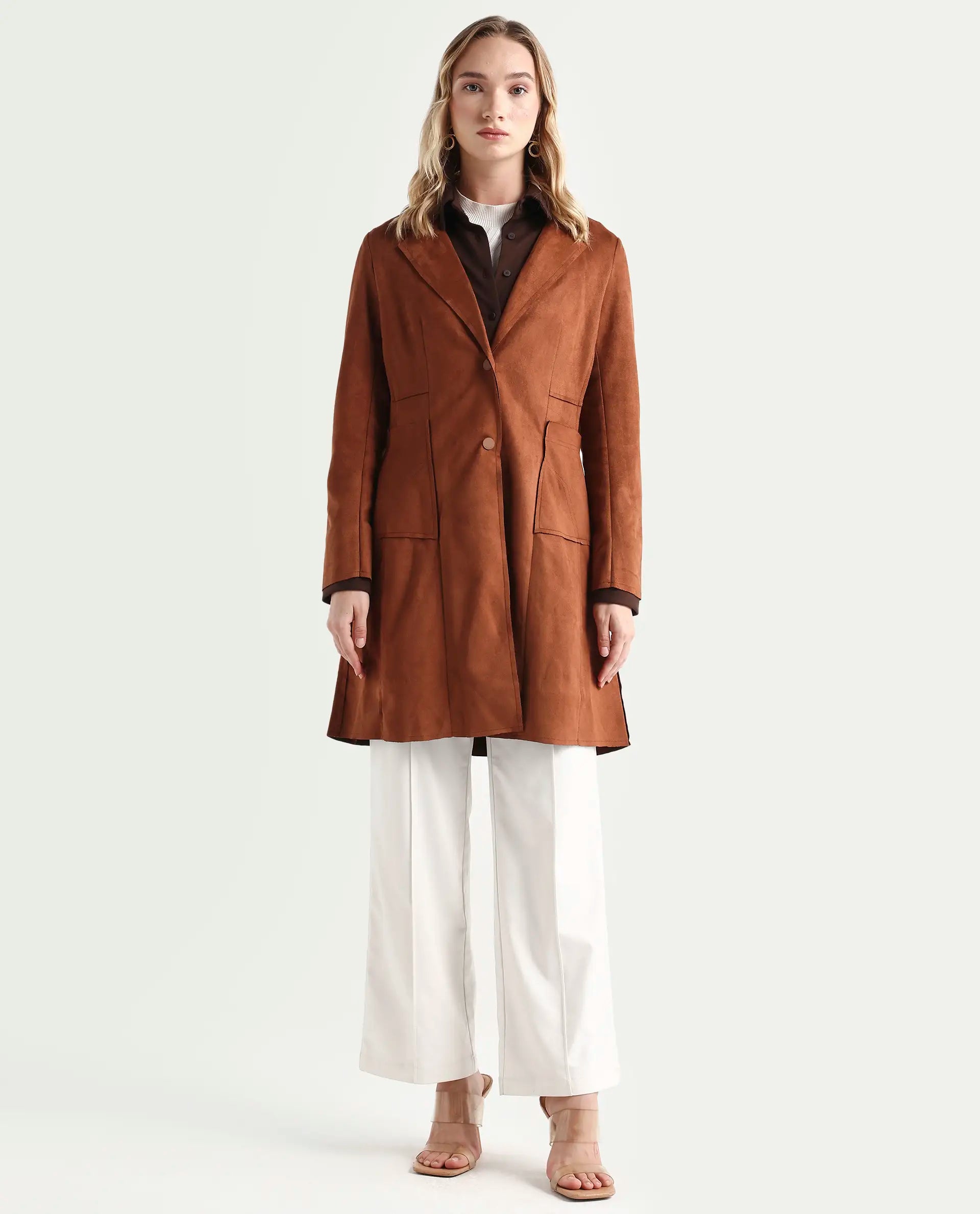 Rareism Women's Gawler Tan Suede Lapel Neck Plain Regular Fit Jacket