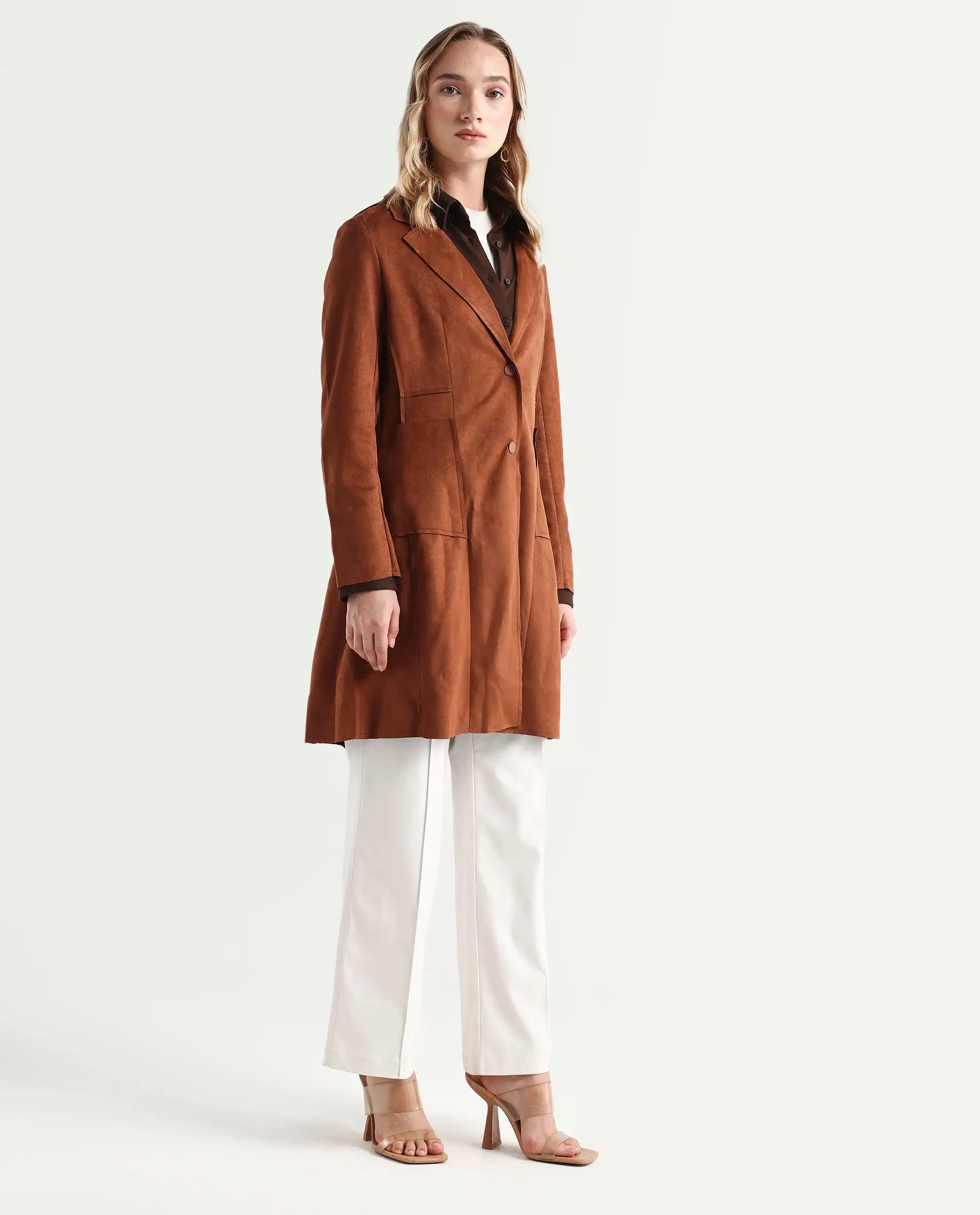Rareism Women's Gawler Tan Suede Lapel Neck Plain Regular Fit Jacket
