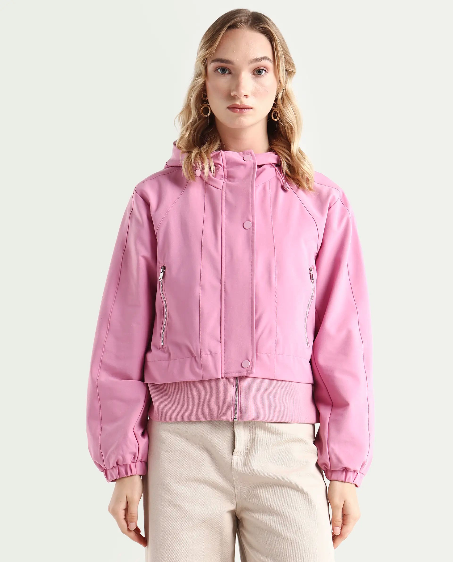 Rareism Women's Hoian Dusky Pink Cotton Stand Collar Plain Ribbed Sleeve Boxy Fit Jacket