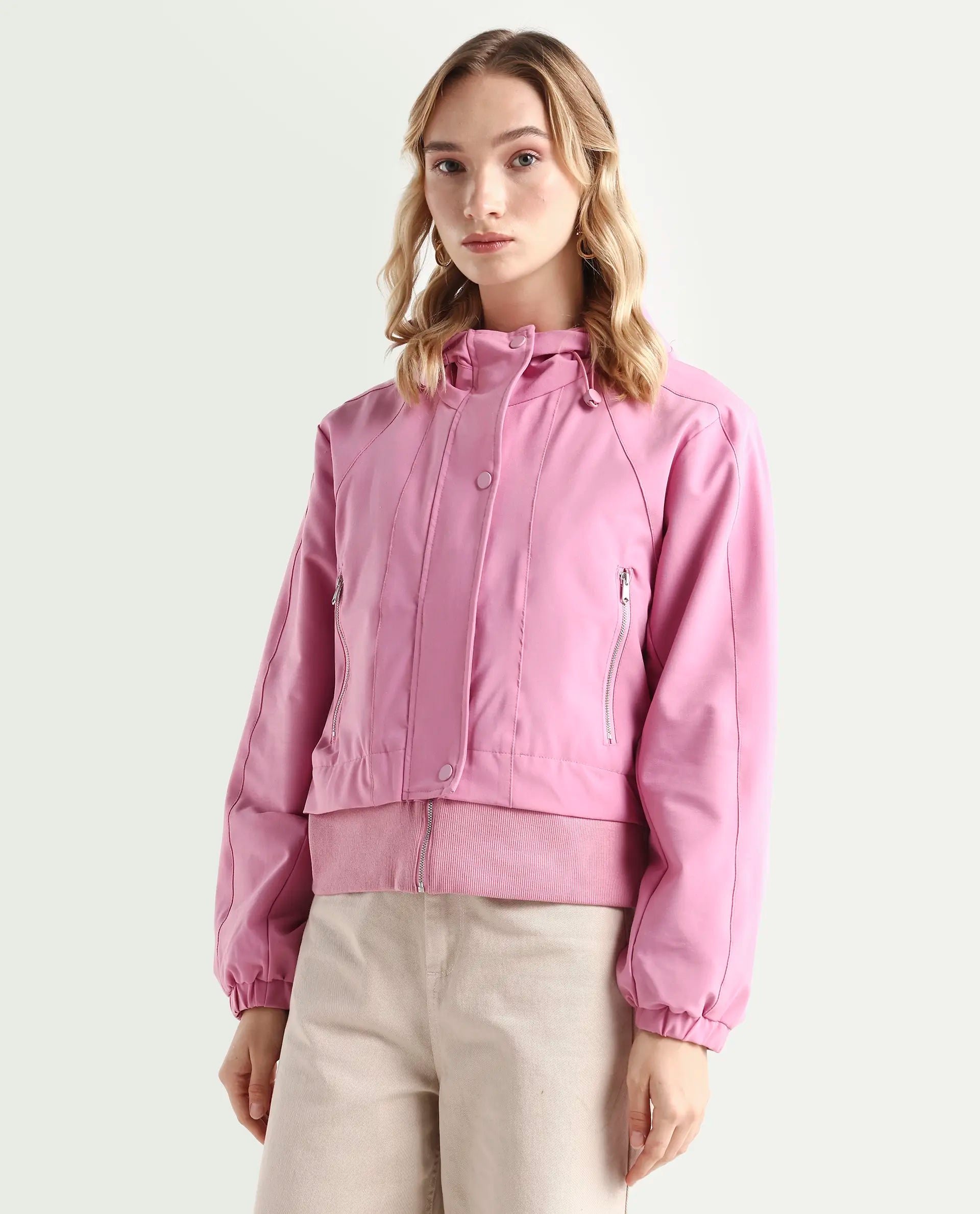 Rareism Women's Hoian Dusky Pink Cotton Stand Collar Plain Ribbed Sleeve Boxy Fit Jacket