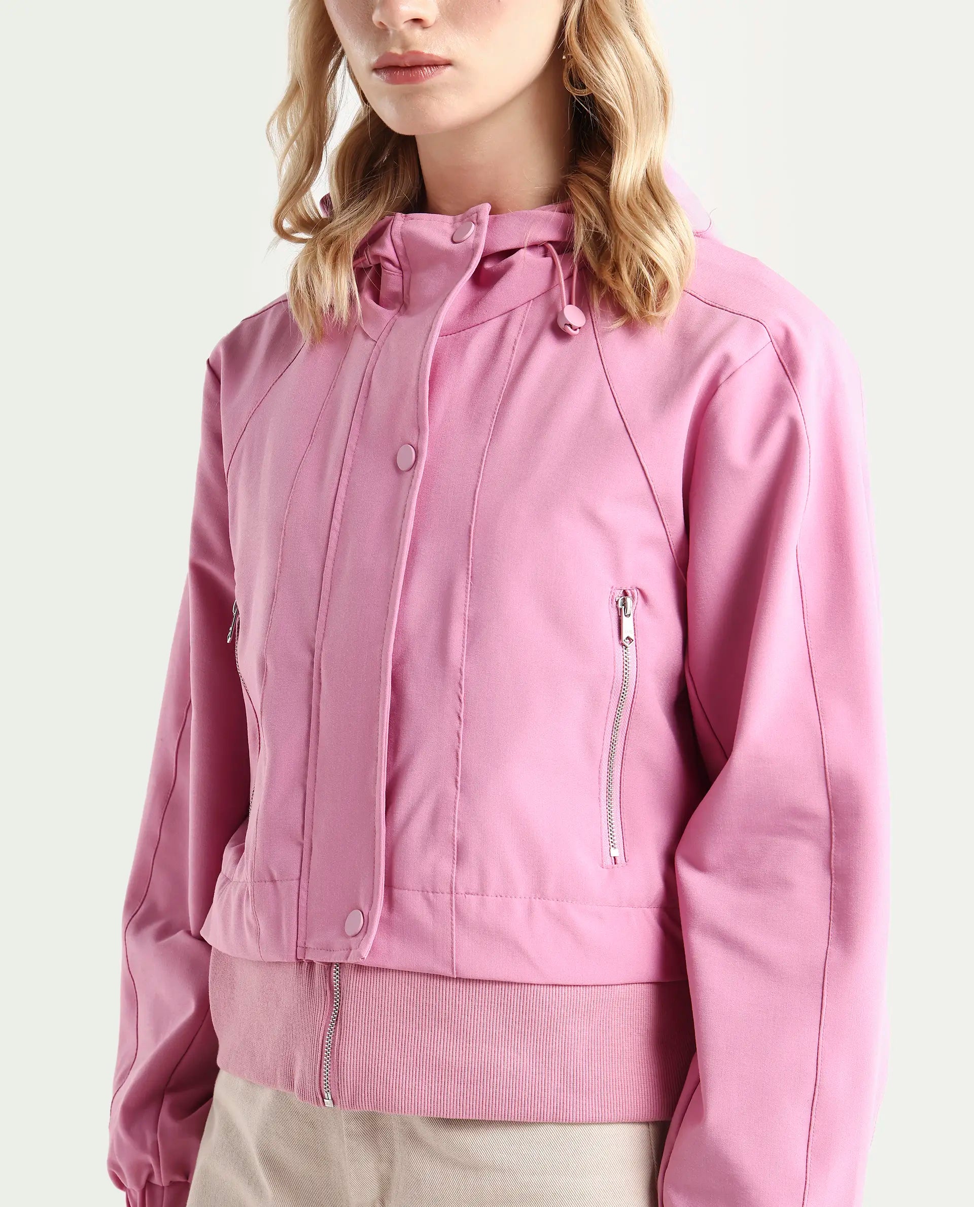 Rareism Women's Hoian Dusky Pink Cotton Stand Collar Plain Ribbed Sleeve Boxy Fit Jacket