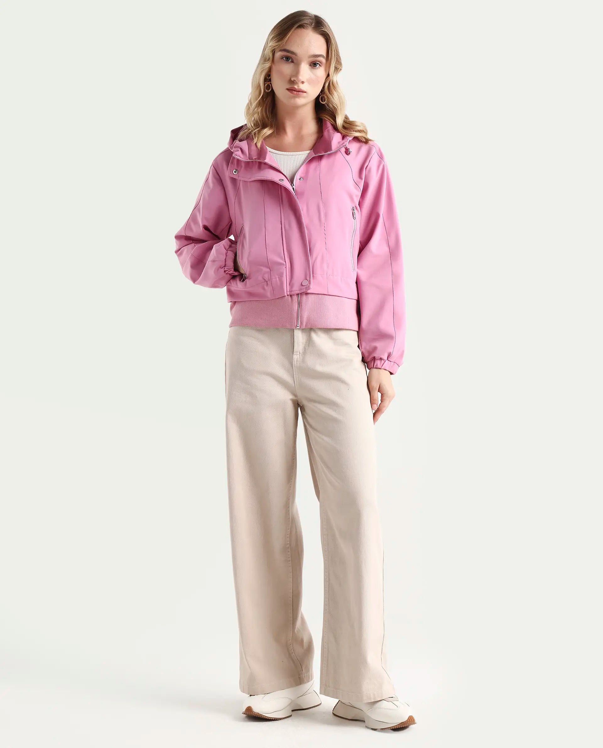 Rareism Women's Hoian Dusky Pink Cotton Stand Collar Plain Ribbed Sleeve Boxy Fit Jacket