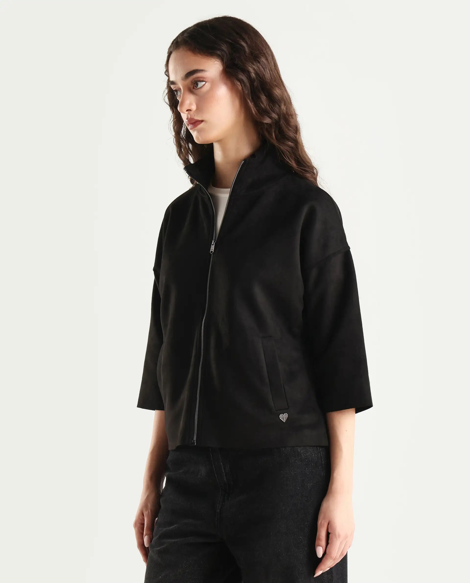 Rareism Women's Vasu 2 Black Suede Stand Collar Plain Boxy Fit Jacket