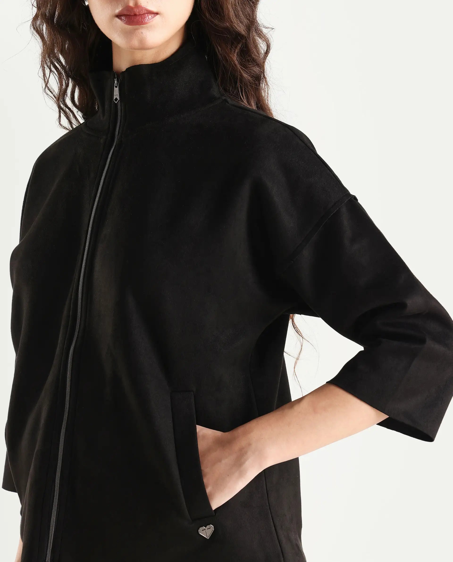 Rareism Women's Vasu 2 Black Suede Stand Collar Plain Boxy Fit Jacket